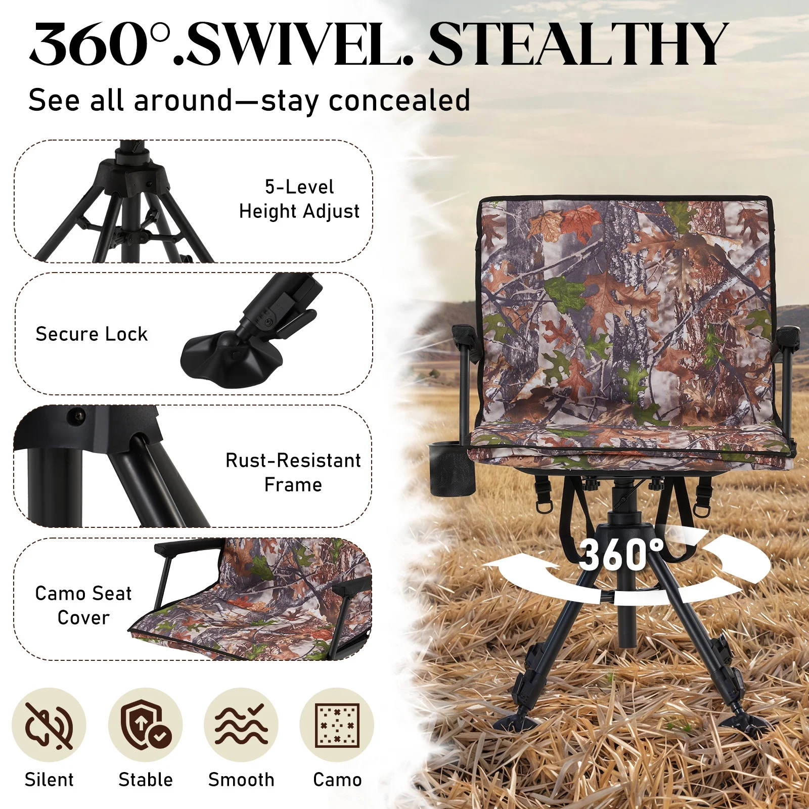 360�� Silent Camo Hunting Blind Chair, Armrests, Side Pouch, Telescopic Legs(Camouflage) Image 4