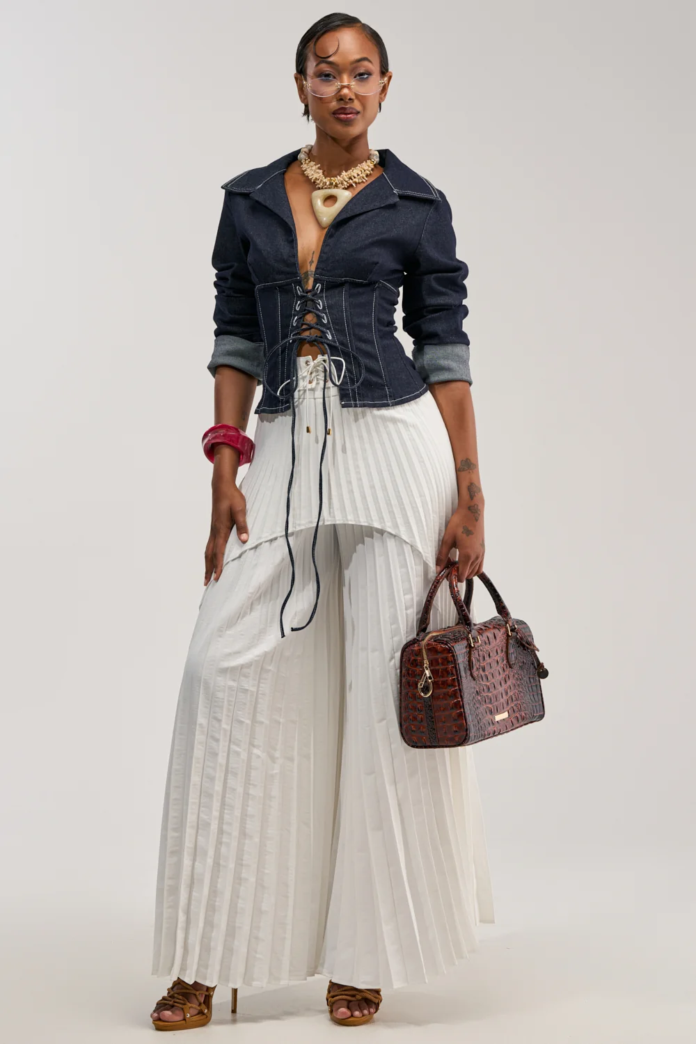 DON'T TALK TO ME LACE UP DENIM BLOUSE - Akira Store