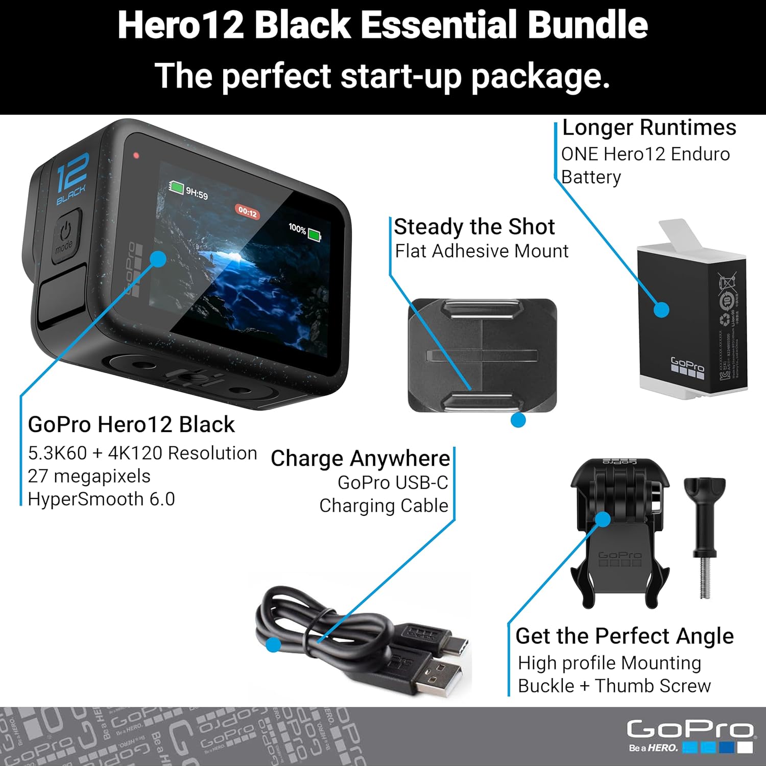 GoPro Hero12 Black E-Commerce Package - Waterproof Action Camera with 5.3K60 Ultra HD Video  27MP Photos  HDR  1/1.9