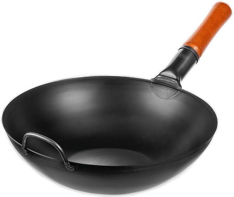 YOSUKATA Carbon Steel Wok Pan 13,5 Woks and Stir Fry Pans - Chinese Wok with Flat Bottom Pow Wok - Traditional Chinese Japanese Woks - Black Steel Wok