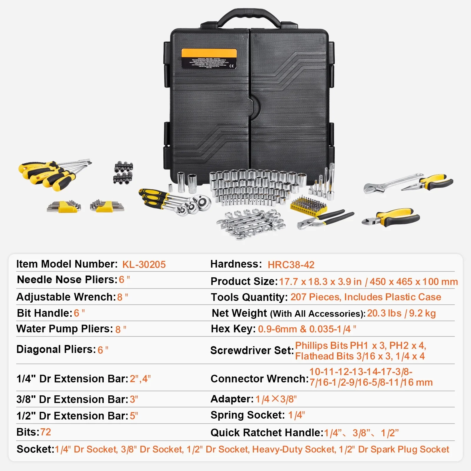 KFFKFF 207-Component Mechanics Tool Set and Socket Set, 1/4 3/8 1/2 Drive Sockets, SAE and Metric Mechanic Tool Set with Bits, Spanners, Ratchet Handle, Add-ons, and Hard Plastic Carrying Case