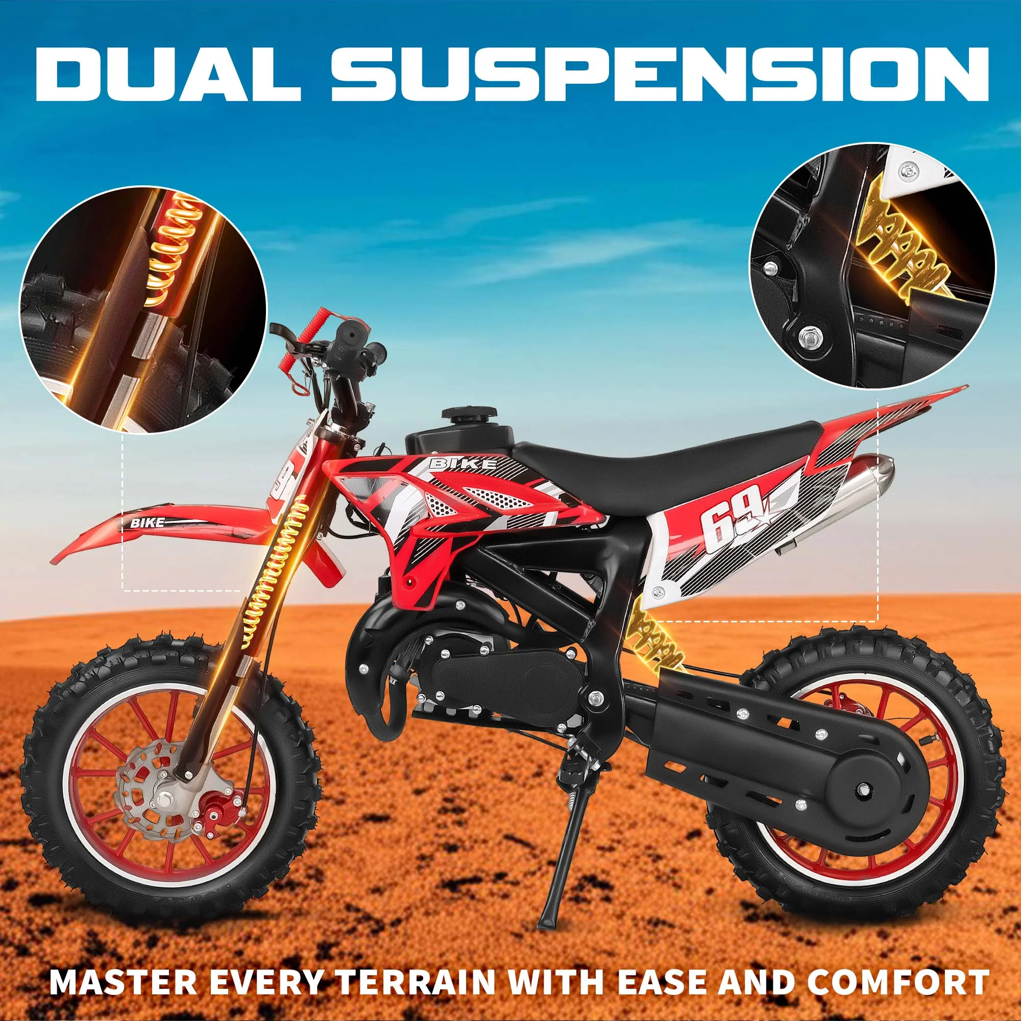 49CC Kids Dirt Bicycle, 2-Stroke Gas Powered Off Road Motorcycle, Tire Shock Absorber Spring Soft Seat Cushion with Front and Rear Disc Brake, Max Speed 28 MPH(Basic) - Image 6