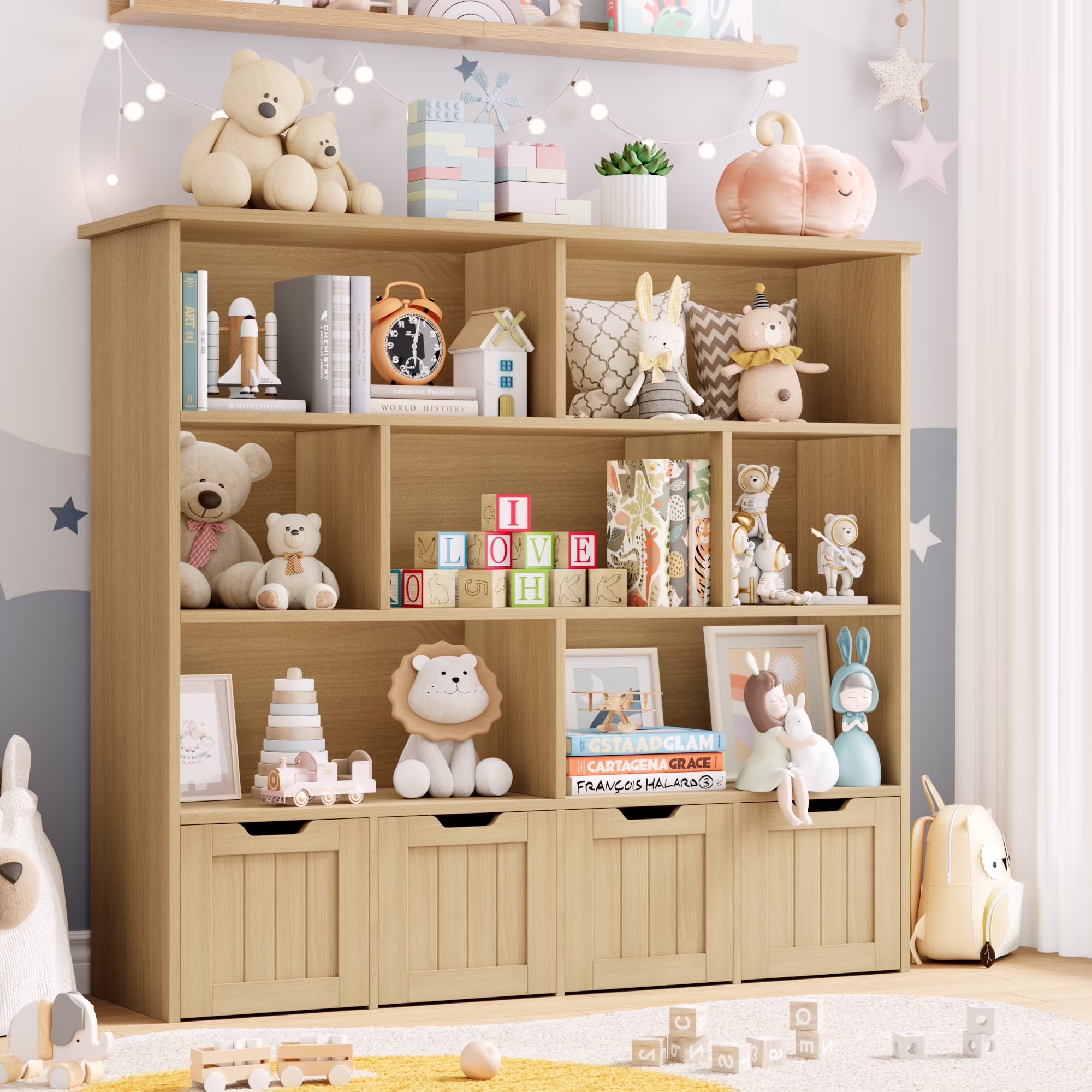 7 Cube Toy Storage Organizer, Kids Geometric Bookcase and Bookshelf with 4 Drawers, White(White) - Image 5
