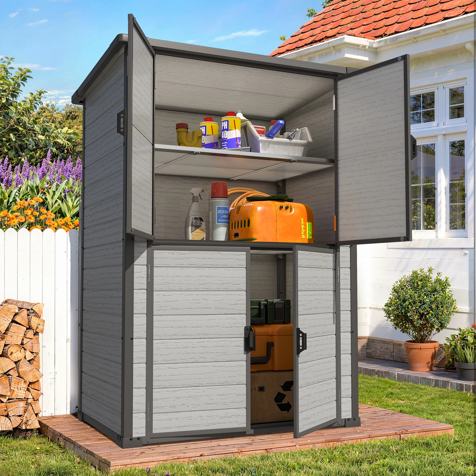AECOJOY 58 Cu.Ft Resin Outdoor Storage Cabinet Waterproof with Shelves, Dark Gray