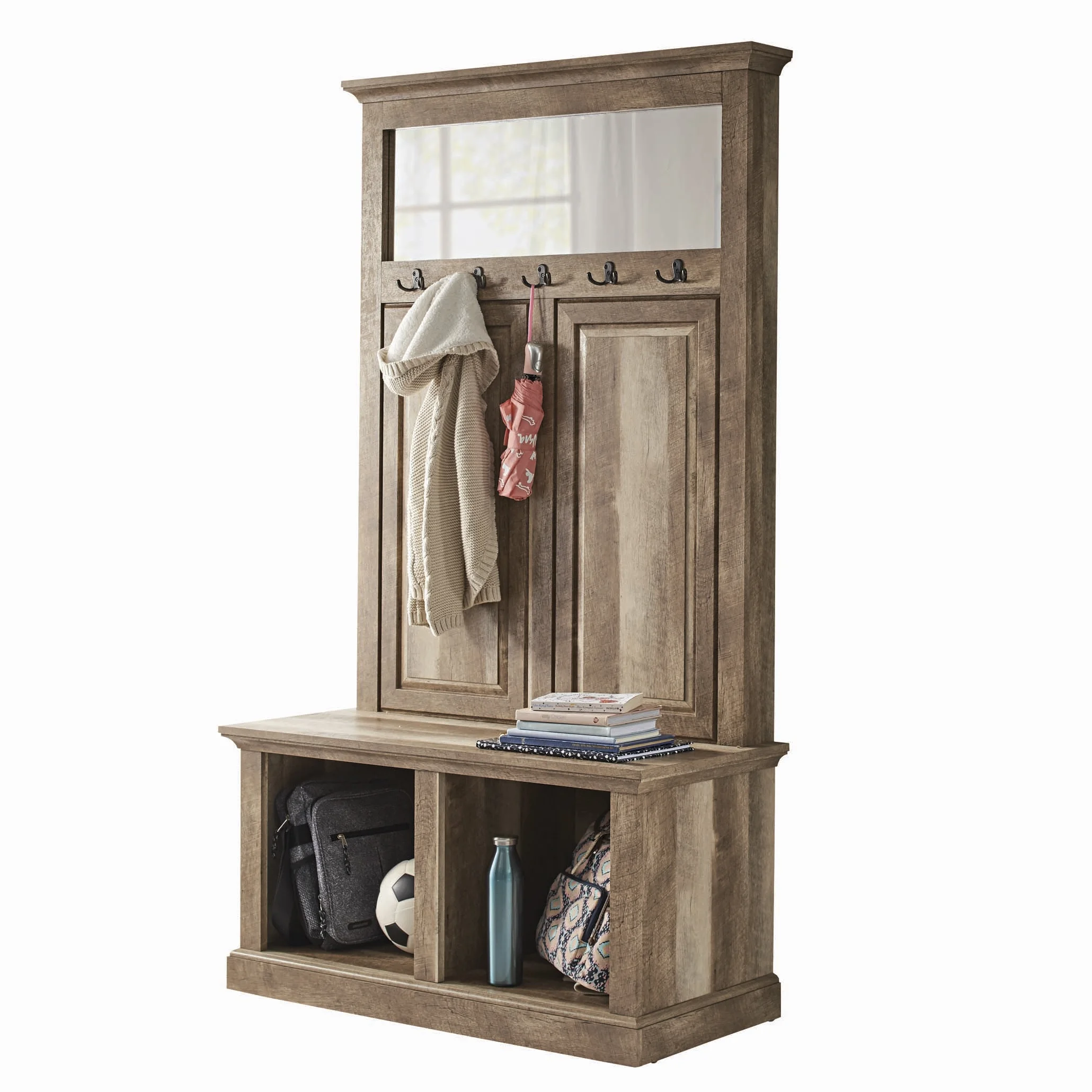 Better Homes  Gardens Crossmill Hall Tree Storage Bench, Weathered Finish