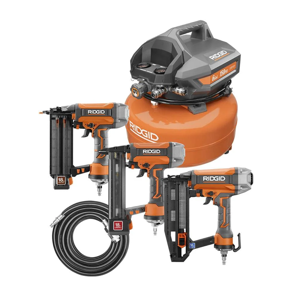 Compresseur d'air électrique portable de 6 gallons (22,7 L) avec cloueuse à pointes de calibre 18, cloueuse de finition droite de calibre 16 et agrafeuse de finition de calibre 18 (R69603FK)