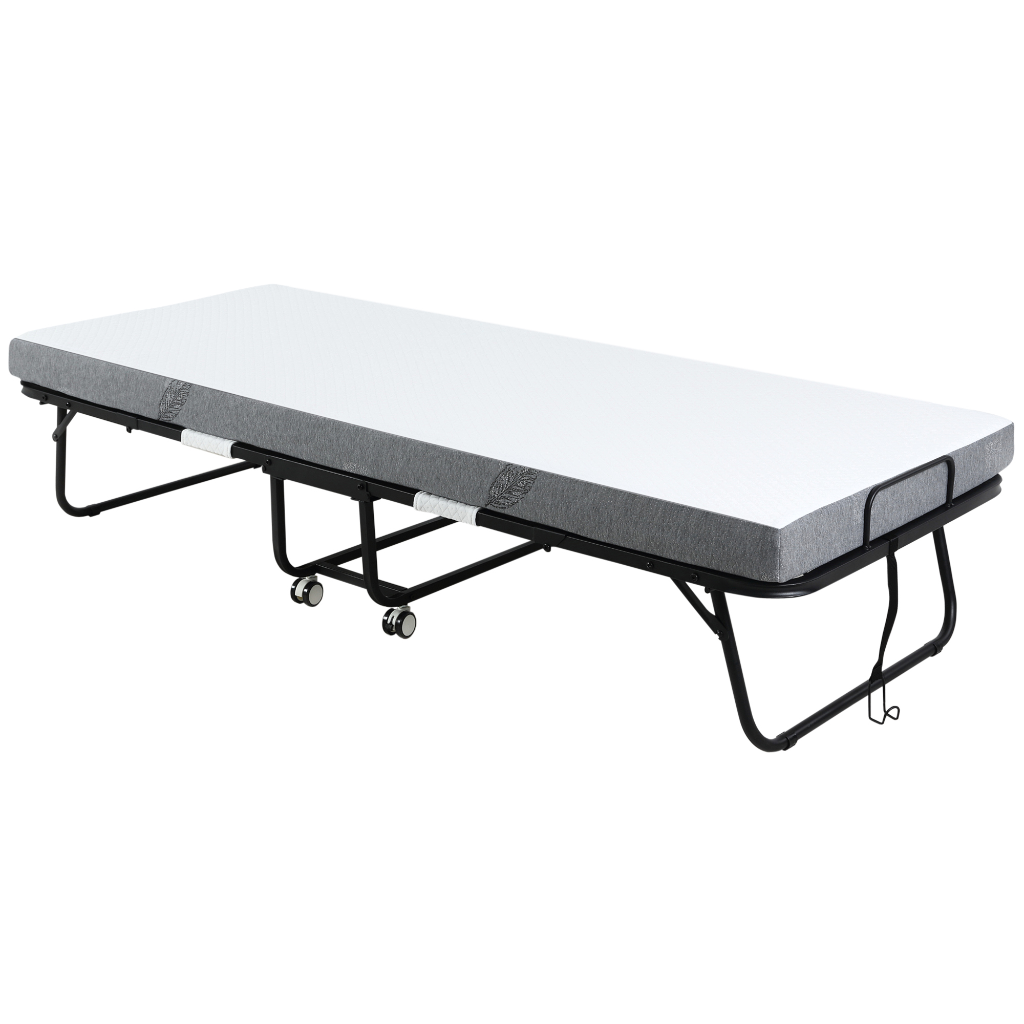 HOMCOM Opklapbaar bed 1 persoons met wielen verstelbaar, tot 150 kg, wit + zwart, 200 x 75 x 42,5 cm | Aosom.nl