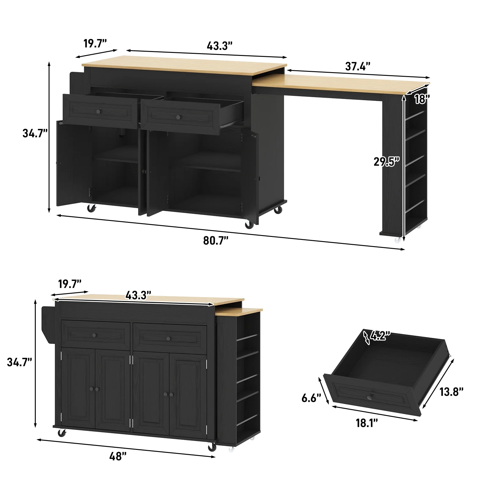 Large Kitchen Island with Extendable Dining Table and Power Outlet, Rolling Kitchen Island Cart on Wheels with 2 Storage Cabinets 2 Drawers 3 Spice Racks, Island Table for Kitchen(Black) - Image 8