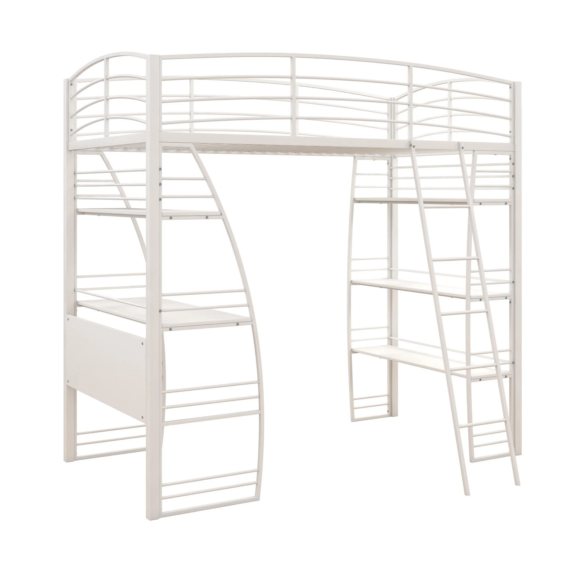 DHP Sage Studio Twin Metal Loft Bed with Integrated Desk and Shelves, Off White