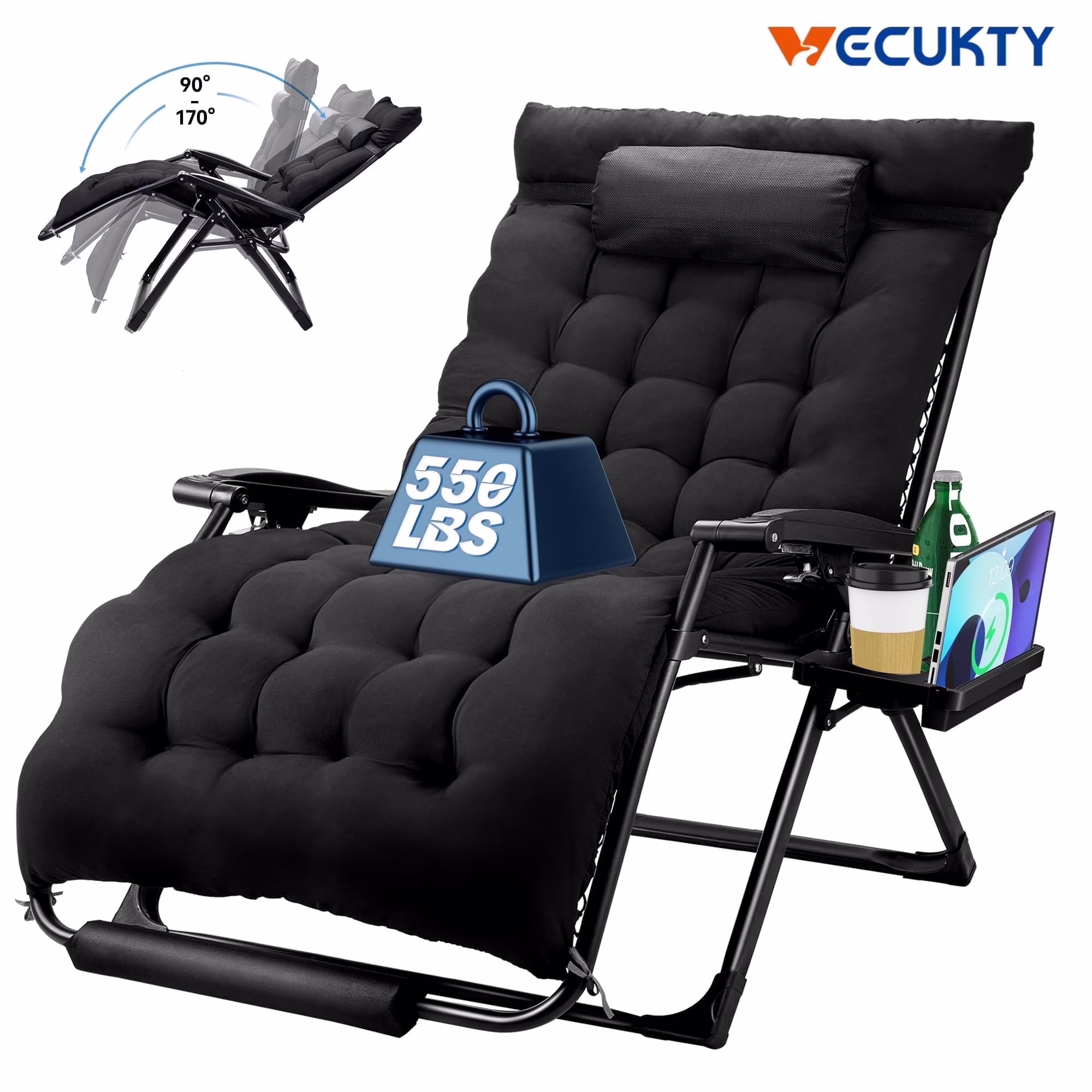 XXL Oversize Zero Gravity Chair 500lb Capacity, 33-Inch Wide Padded Seat, Folding Travel Recliner for Outdoor / Indoor Use Patio, Lawn, Black, Portable and Heavy Duty(1/Black)