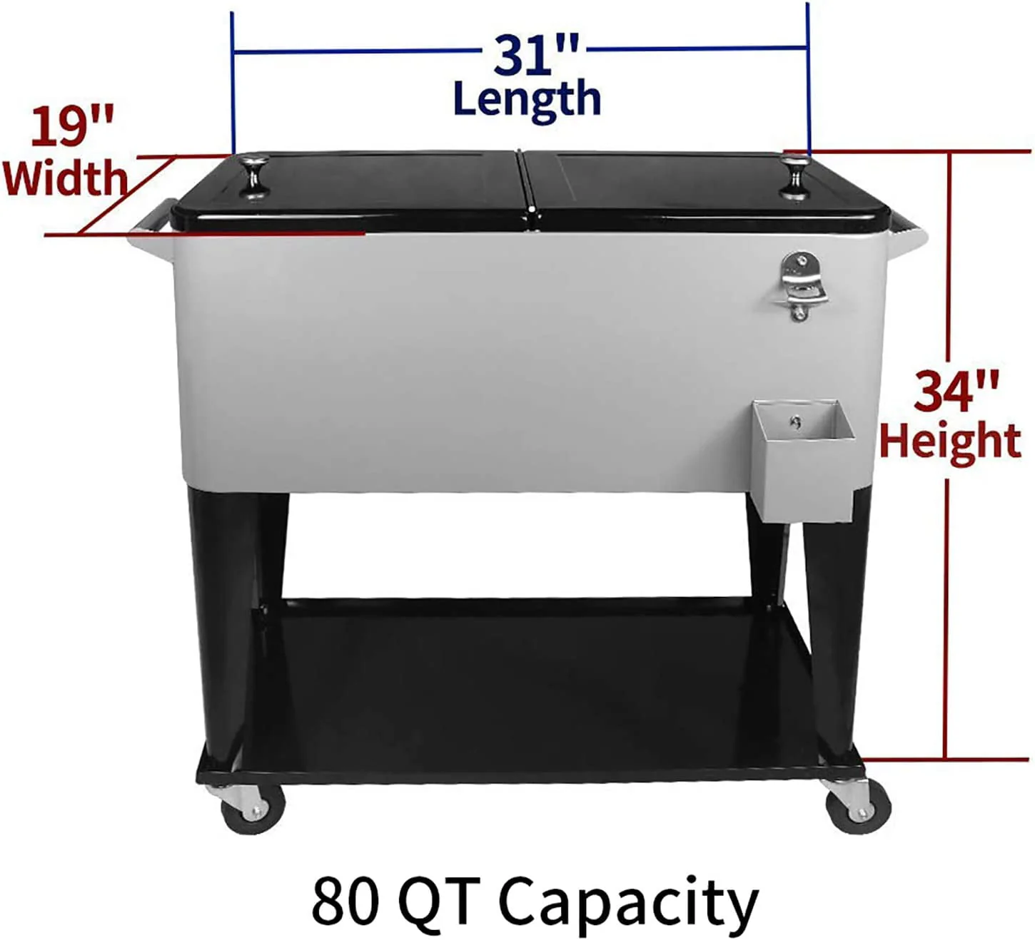 FreeLung 80QT Rolling Cooler Cart with Wheels Ice Chest Outdoor Backyard Coolers on Wheels Silver(Black) Image 3