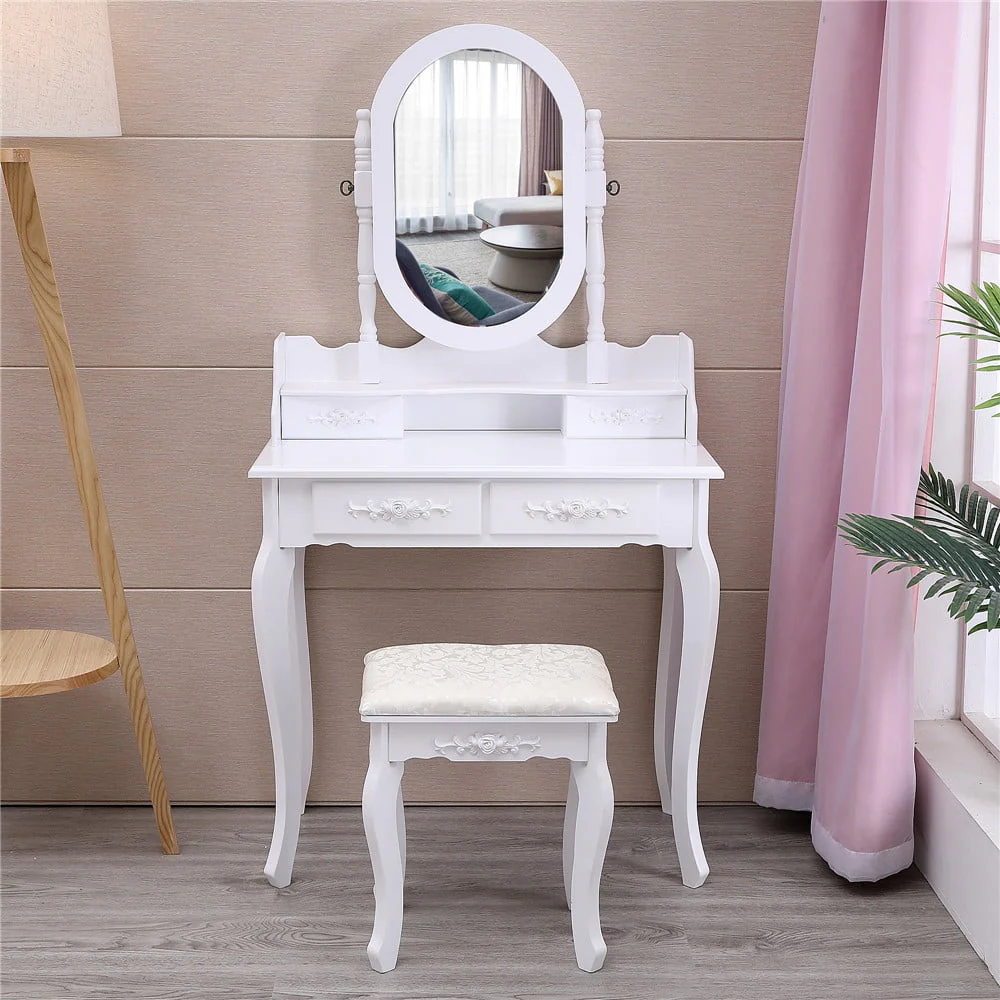 Vanity Jewelry Wooden Makeup Dressing Table Set W/Stool Mirror Cabinet 4 Drawer - Image 4