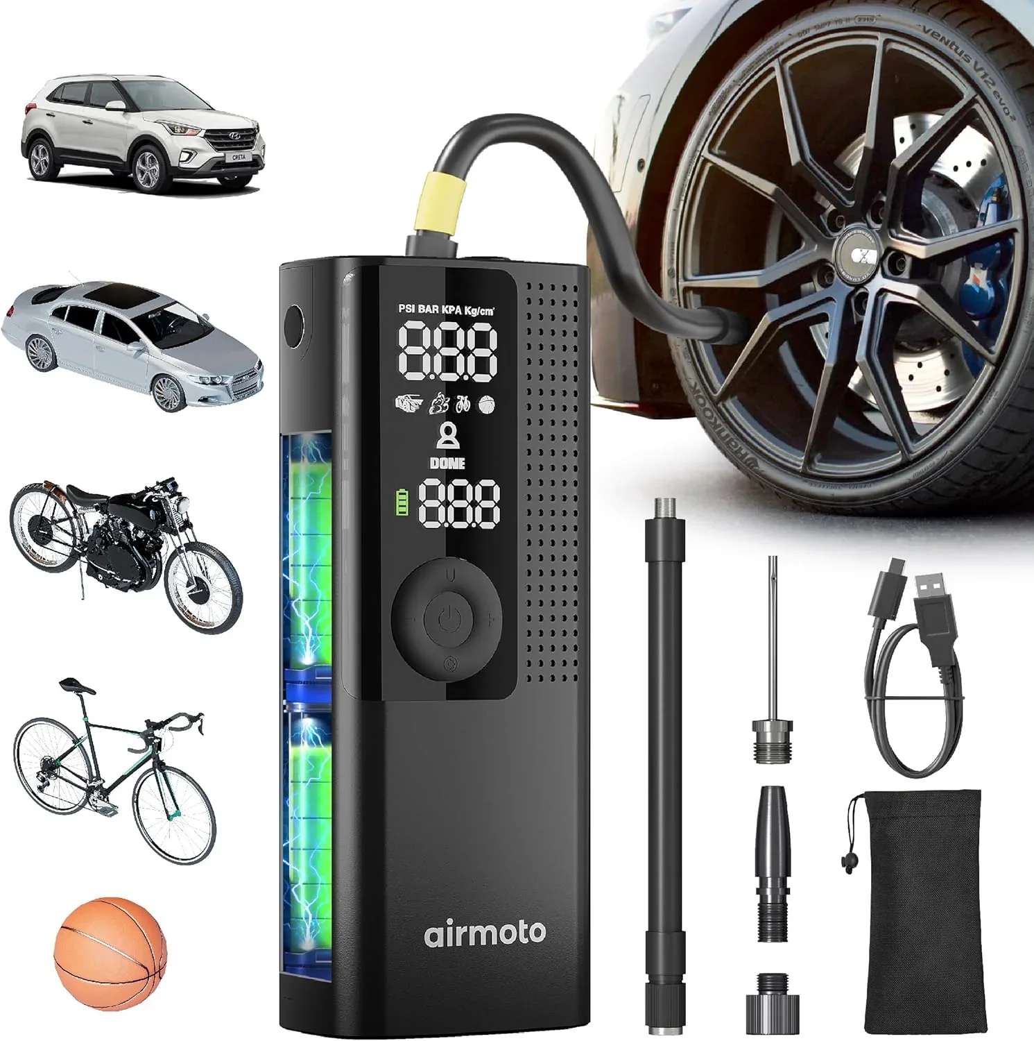 Gonfleur de pneus Airmoto, compresseur d'air portable, pompe à air pour pneus de voiture avec manomètre numérique