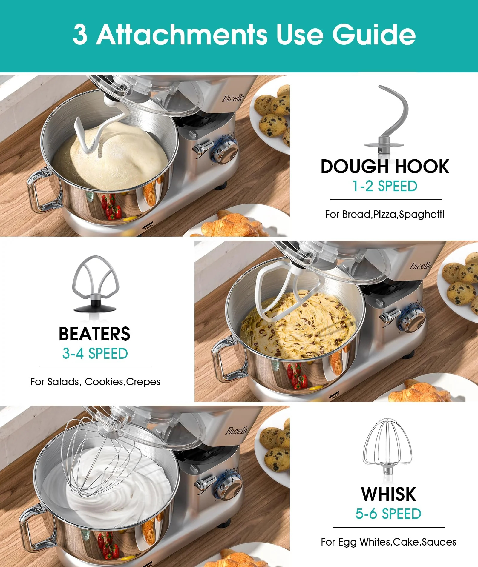 Facelle Electric Stand Mixer. 660W 6 Speed Kitchen Mixer