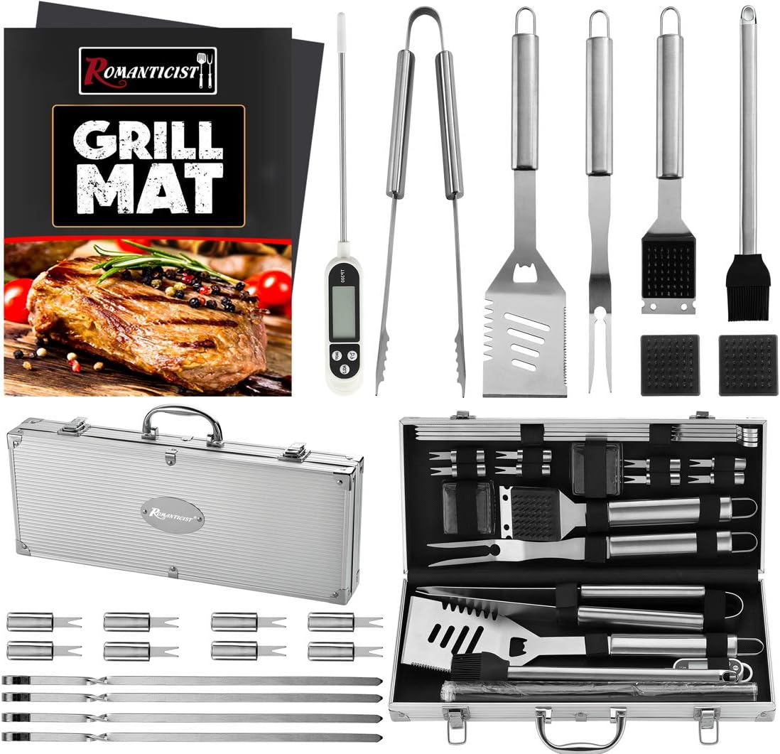ROMANTICIST 23pcs Must-Have BBQ Grill Accessories Set with Thermometer in Case - Stainless Steel Barbecue Tool Set with 2 Grill Mats for Backyard Outdoor Camping - Best Barbecue Gift for Father's Day