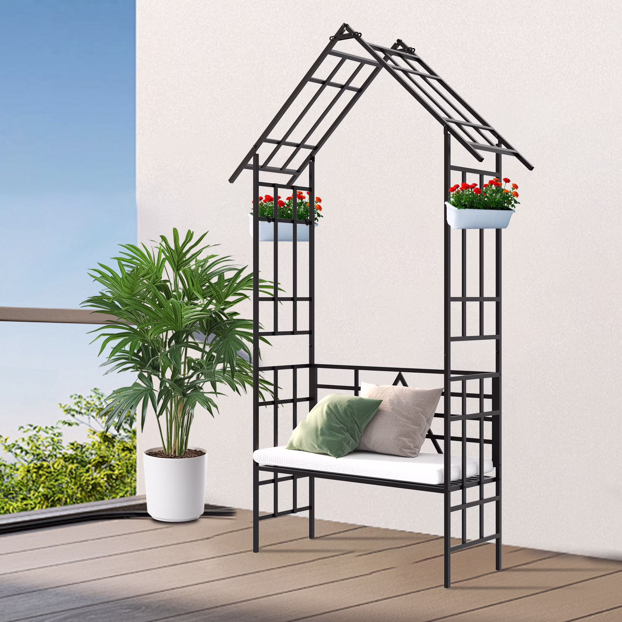Yoneston 97.24H Metal Garden Arch with Bench, Turned into Flower Stand for Climbing Plants, Support Rose Arch Outdoor, Black