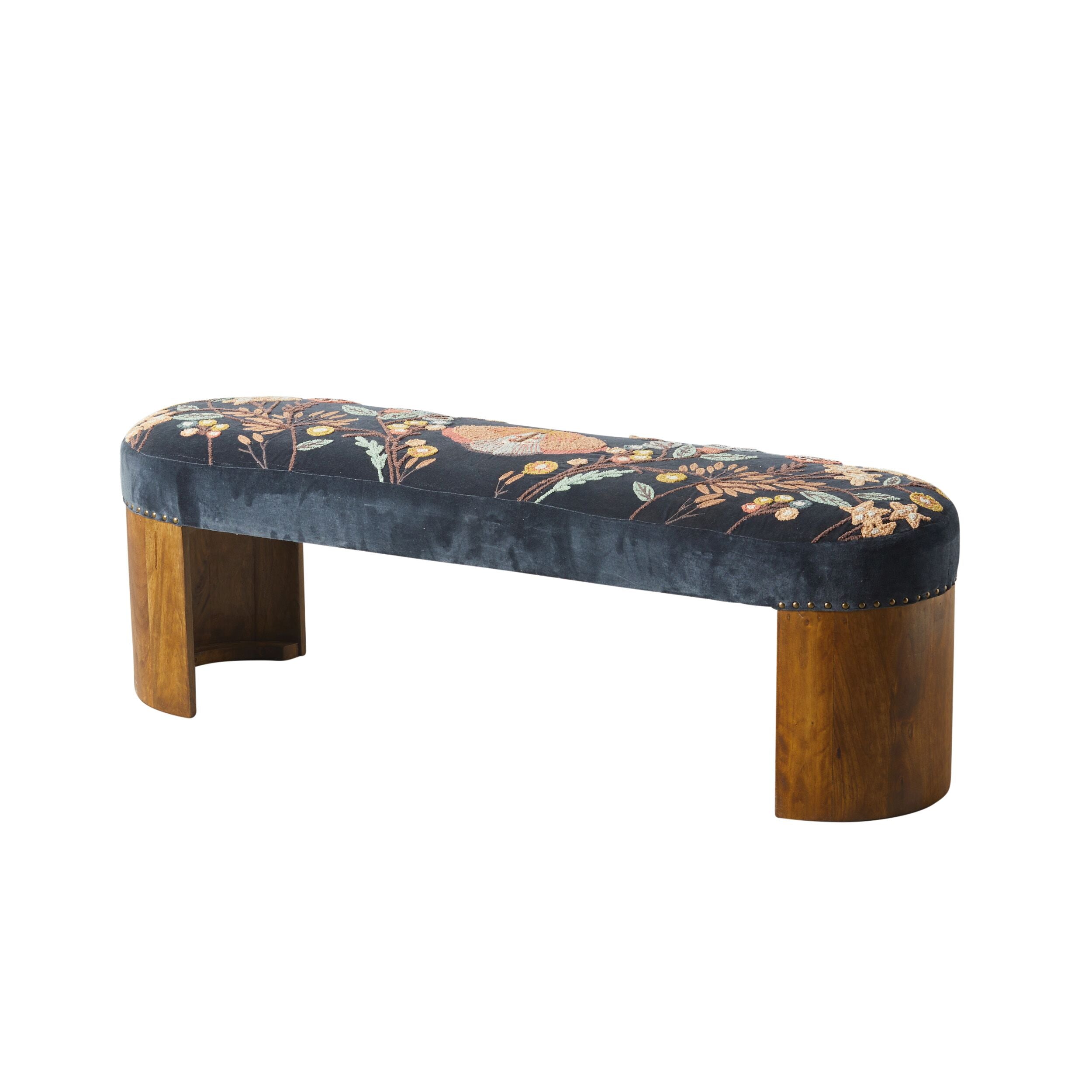 Freya Embroidered Bench Dark Blue Velvet