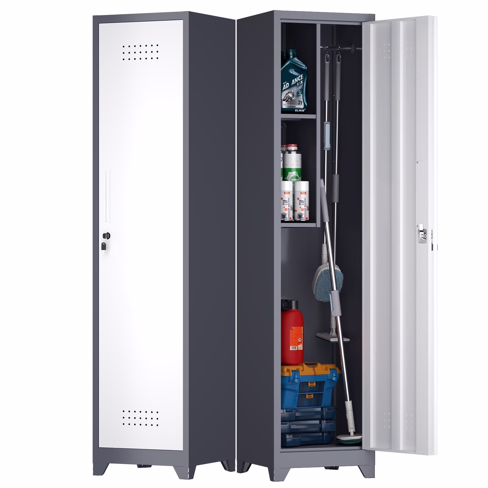 65" H Slim Broom Storage Cabinet, Metal Broom Closet with Shelves and Hanging Rod, Utility Cabinet for Brooms and Mops, Tall Cleaning Storage Cabinet for Kitchen, Pantry, Office, Shop, Garage(Gray White)