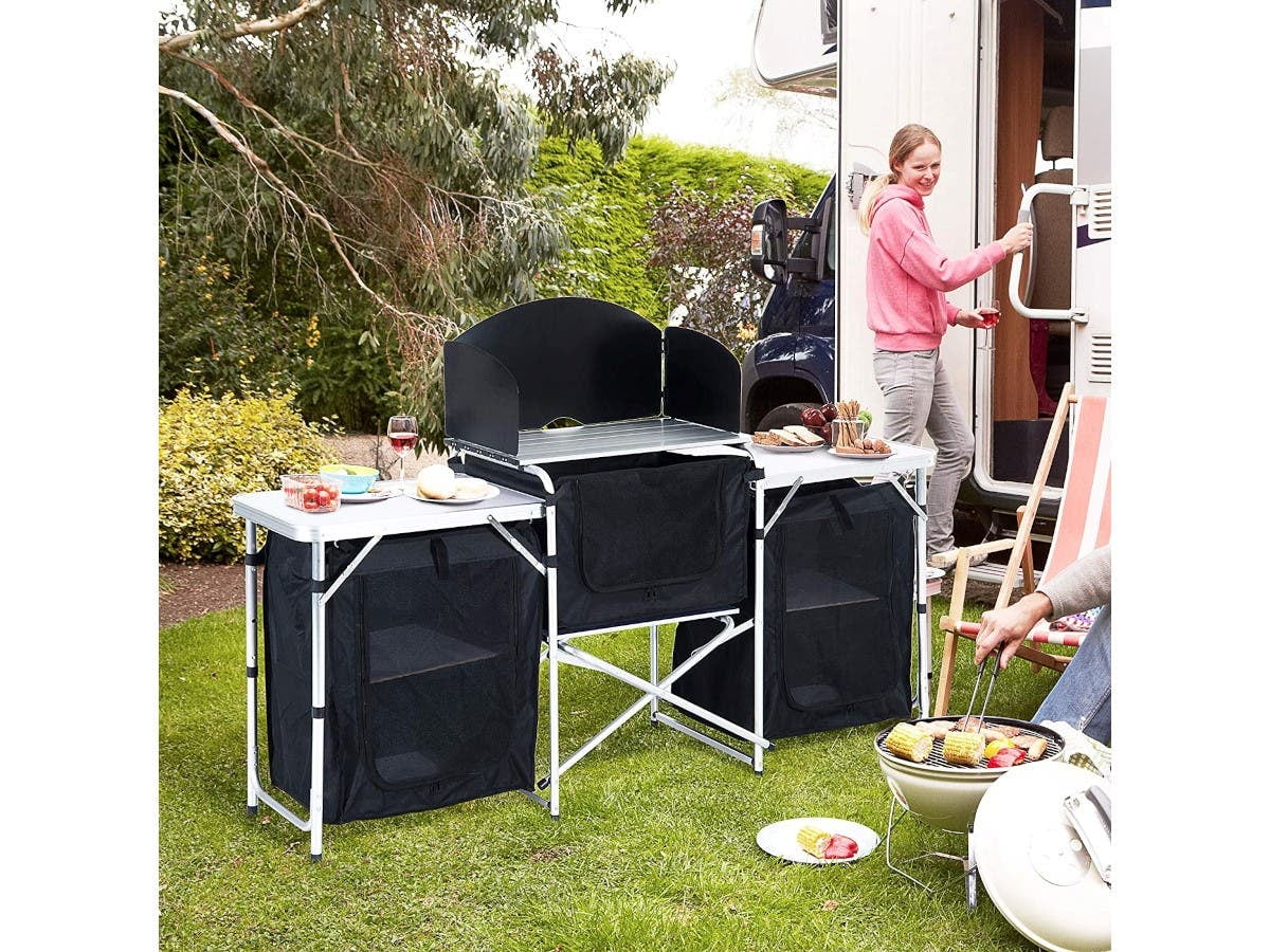 Inch Aluminum Portable Fold-Up Camping Kitchen with Windscreen and 5 Enclosed Cupboards. Cook Station. for BBQ. Camping. Picnic. Backyard