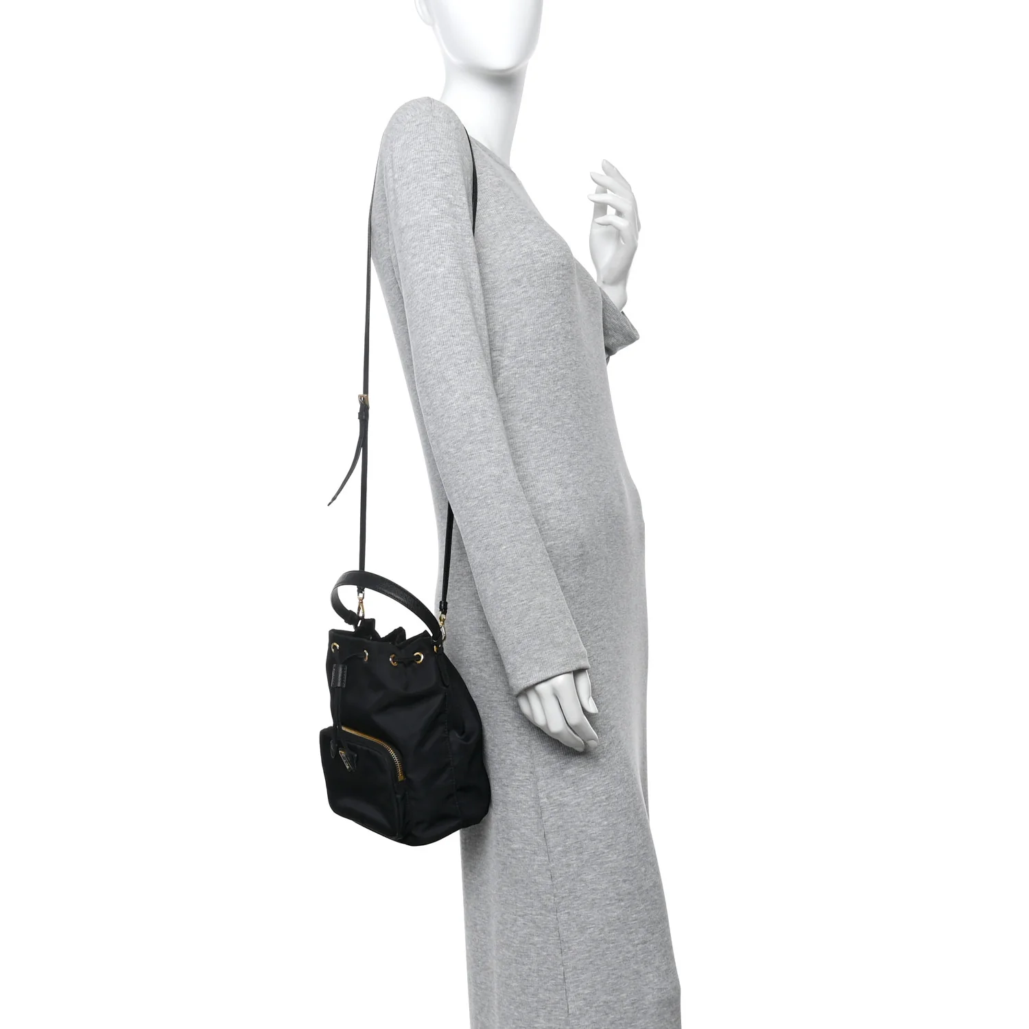 Saffiano Tessuto Nylon Mini Bucket Crossbody Bag Black