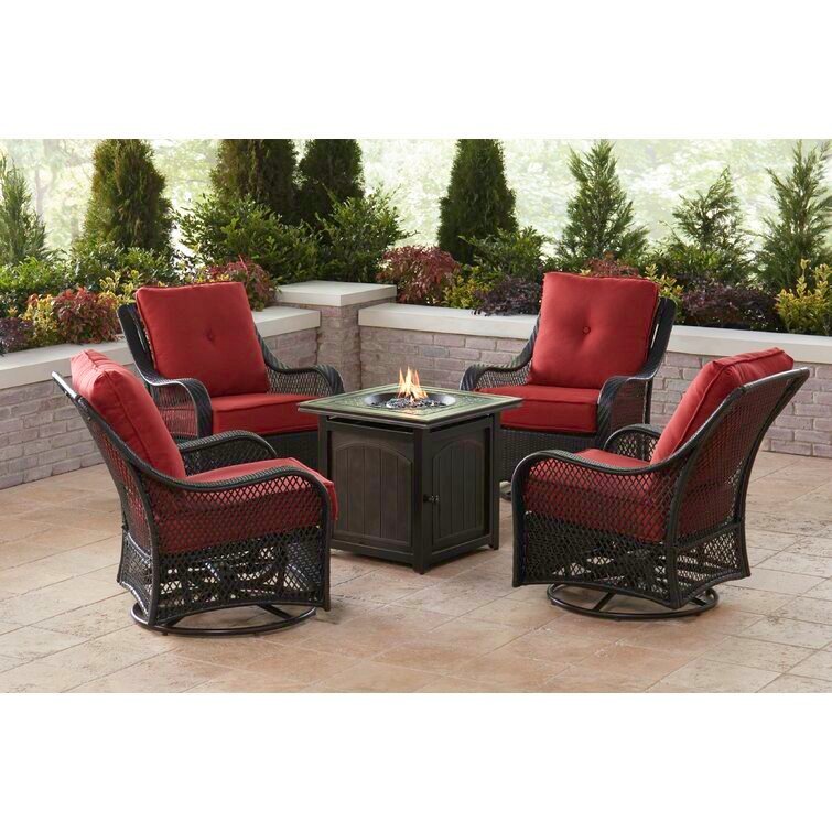 💥Liquidation🔥Ensemble de conversation 5 pièces en acier avec foyer extérieur, coussins bleu marine, fauteuils pivotants et table de foyer carrée