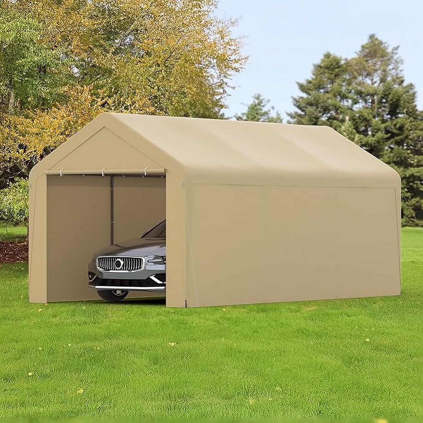 Carport, 10 x 20 Heavy Duty Carport Canopy with Removable Sidewall, Water-Resistant Portable PE Garage with All-Season Tarp Beige(Beige)