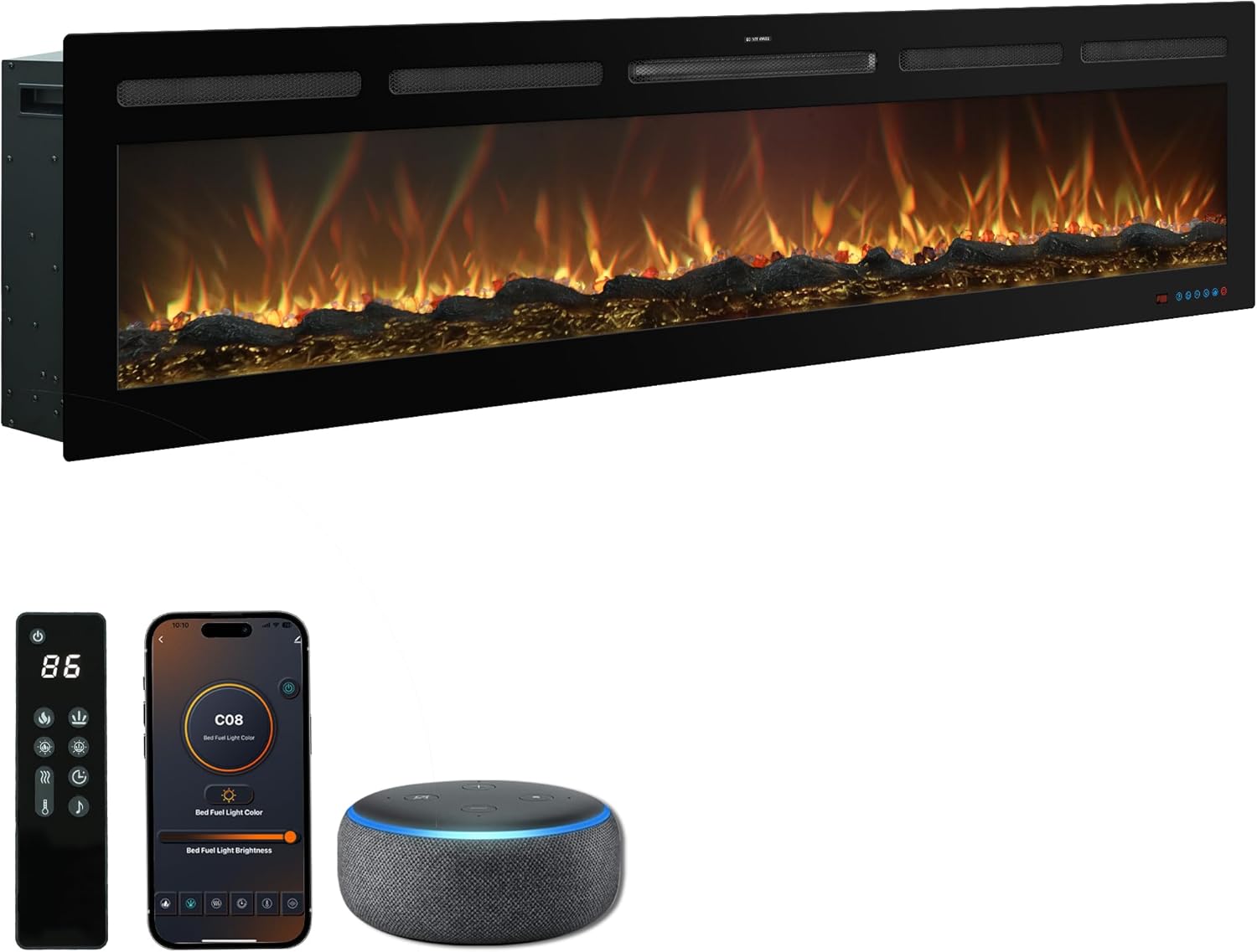 72 Inch WiFi Electric Fireplace Heater with Sound, Wall Mounted, Recessed or Free‑Standing, 750/1500W, 13 Flame & Fuel Bed Colors, Dimmable, Remote & App Control, Alexa & Google Home