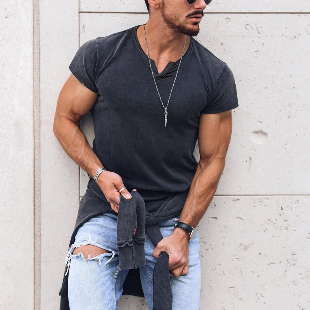 T-shirt homme col V, couleur unie, respirant, style rétro décontracté, idéal pour les activités de plein air et la moto.