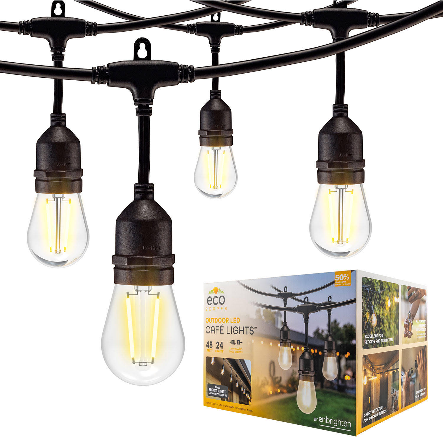 EcoScapes Outdoor LED Caf�� Lights, 24 Bulbs, 48ft
