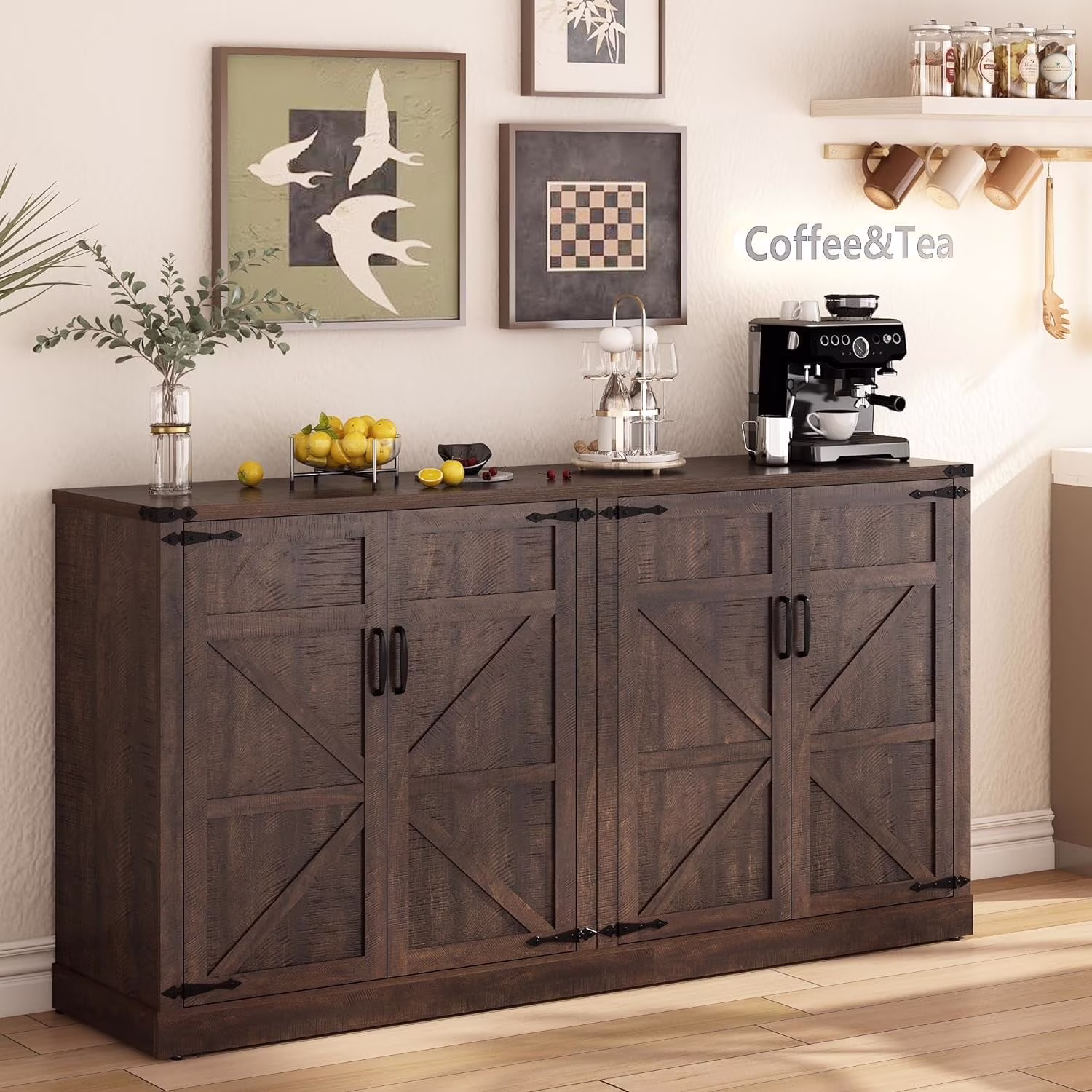 71" Tall Farmhouse Kitchen Pantry Cabinet, 5 Layers Storage Cabinet with Adjustable Shelves, Farmhouse Pantry Cabinet with 4 Barn Doors for Kitchen, Dining Room, Bathroom, Living Room, Rustic White(White-4 Barn Doors) - Image 3