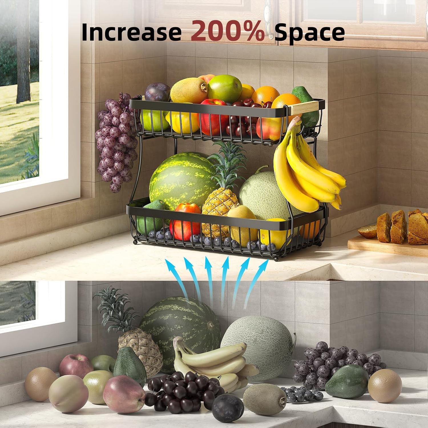 Sevenblue 2-Tier Fruit Basket with Banana Hangers, Detachable Metal Bowl