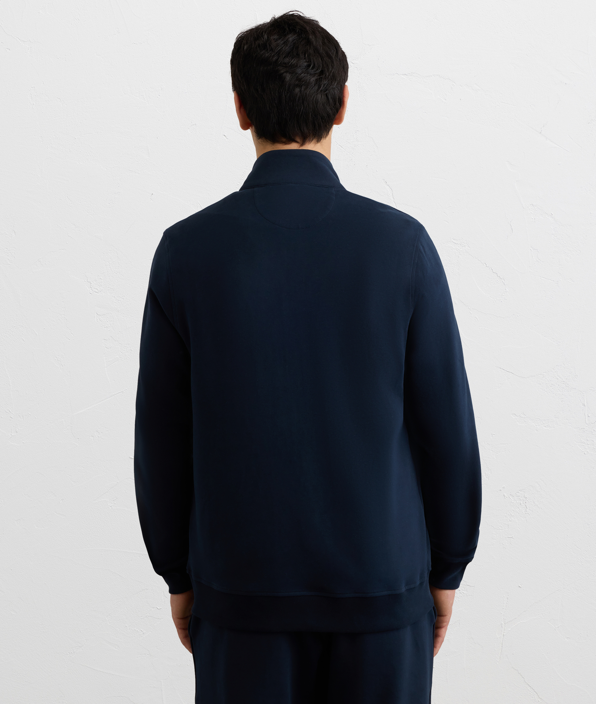 NAVY BLUE PEACH EFFECT COTTON BOMBER SWEATSHIRT WITH ZIP AND SUEDE DETAILS