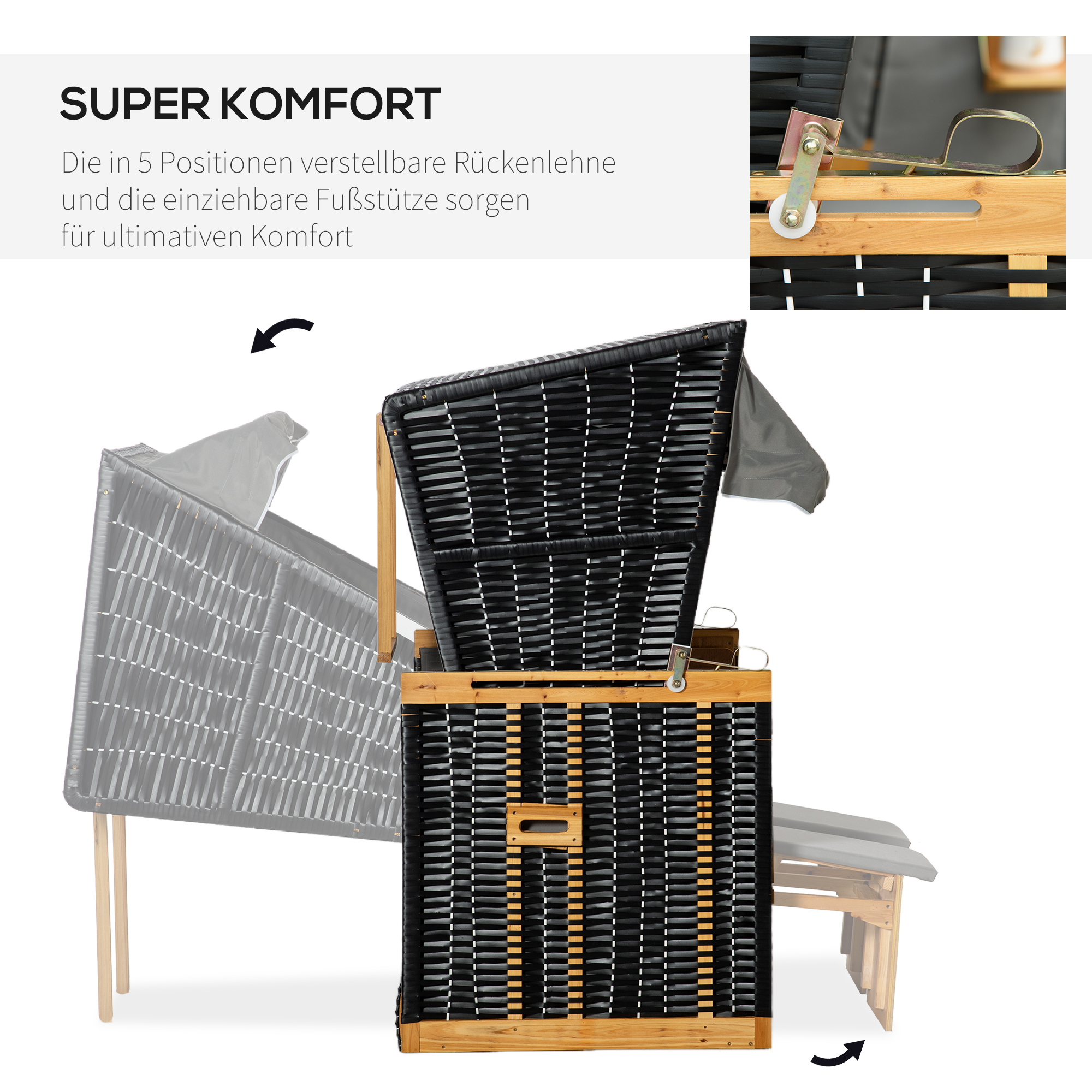 Outsunny strandstoel met dak rotan look klaptafel lichtgrijs 118 x 79 x 150 cm