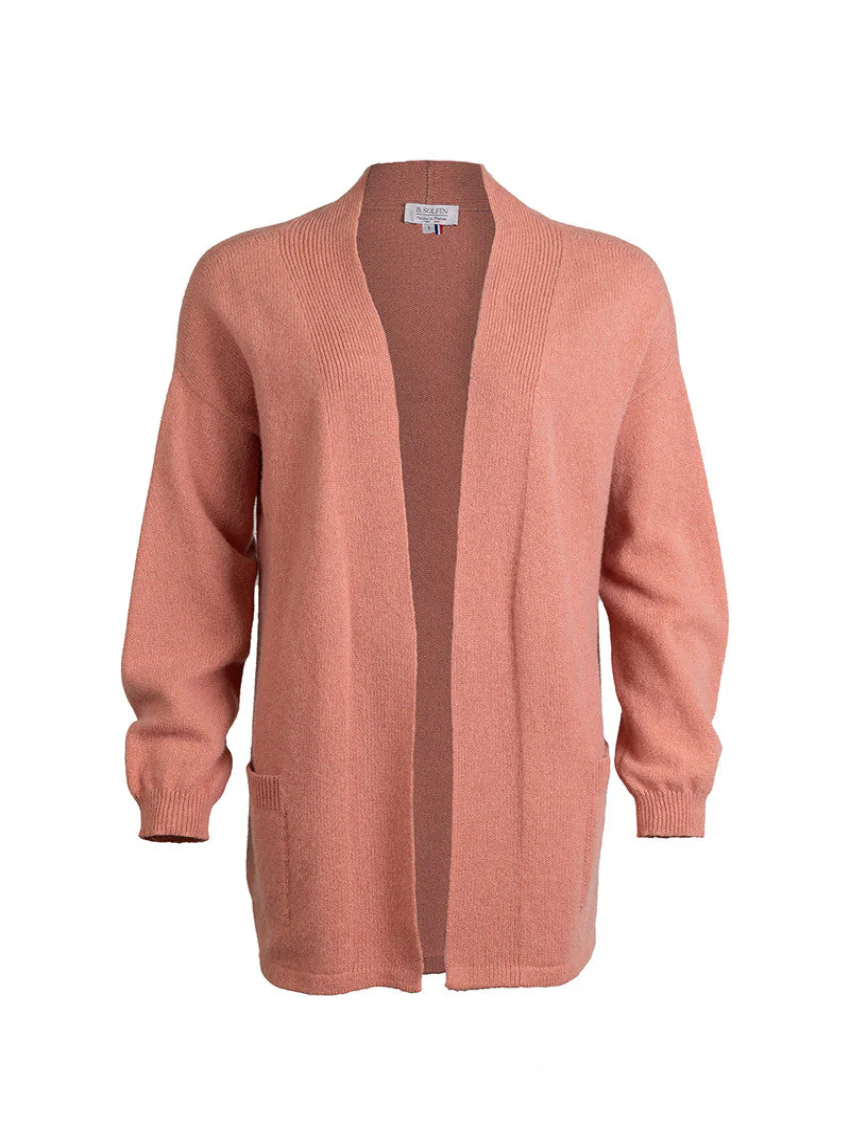Gilet long femme en laine recyclée rose