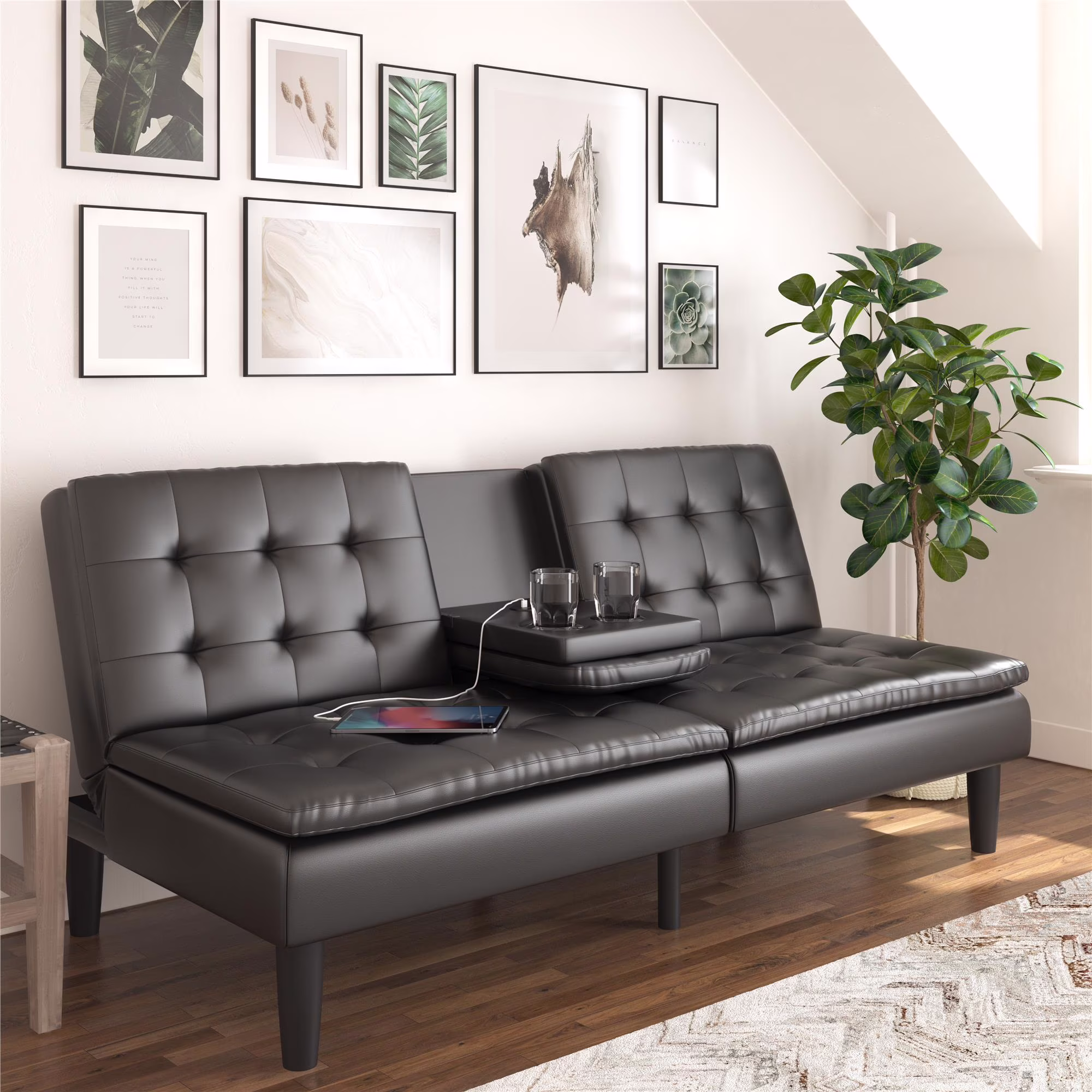 Memory Foam 71.5" Futon with Cupholder and USB, Black Faux Leather(Black)