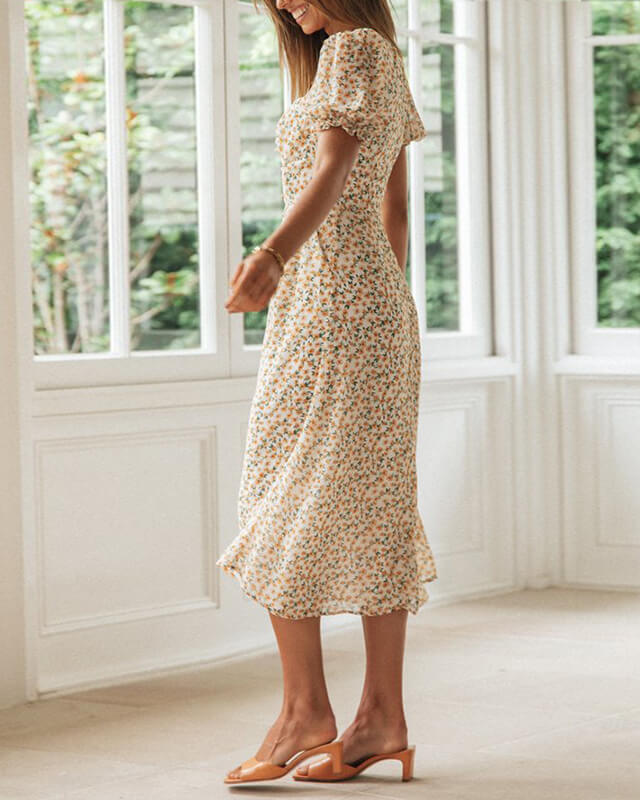 Robe fendue imprimée à manches bouffantes pour femme
