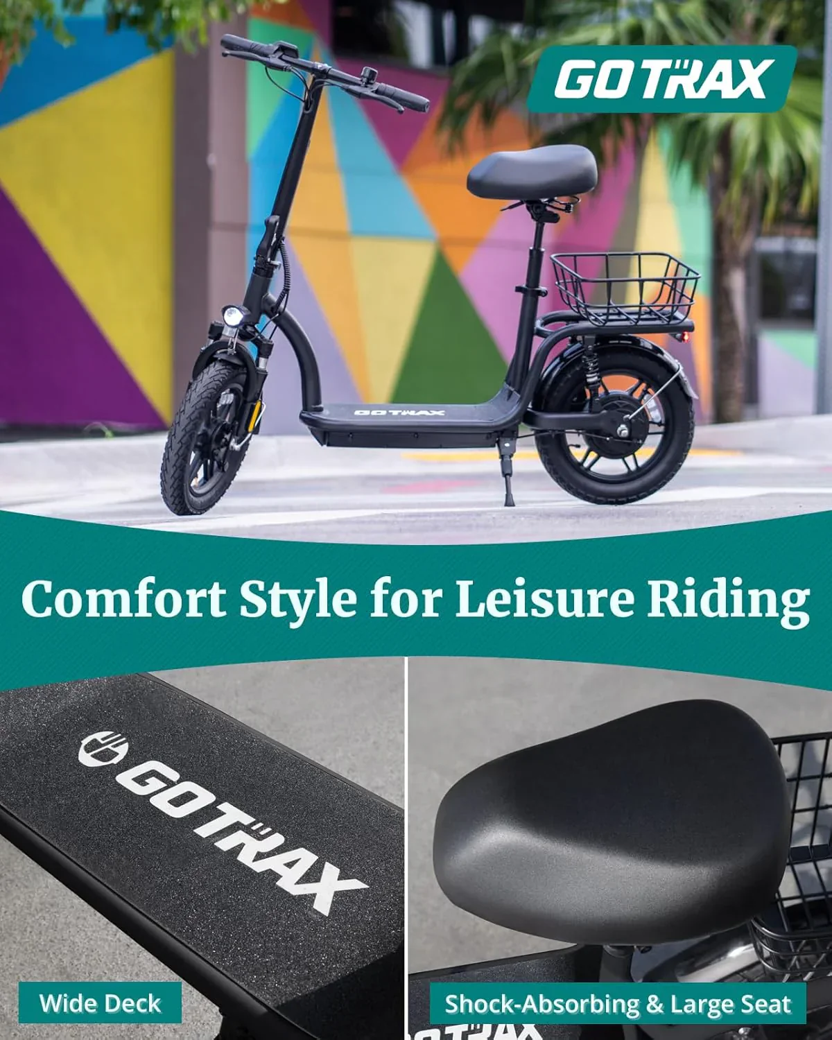 Trottinette électrique Gotrax pour adultes avec siège, autonomie maximale de 30 à 40 km, pneus tout-terrain, larges pédales