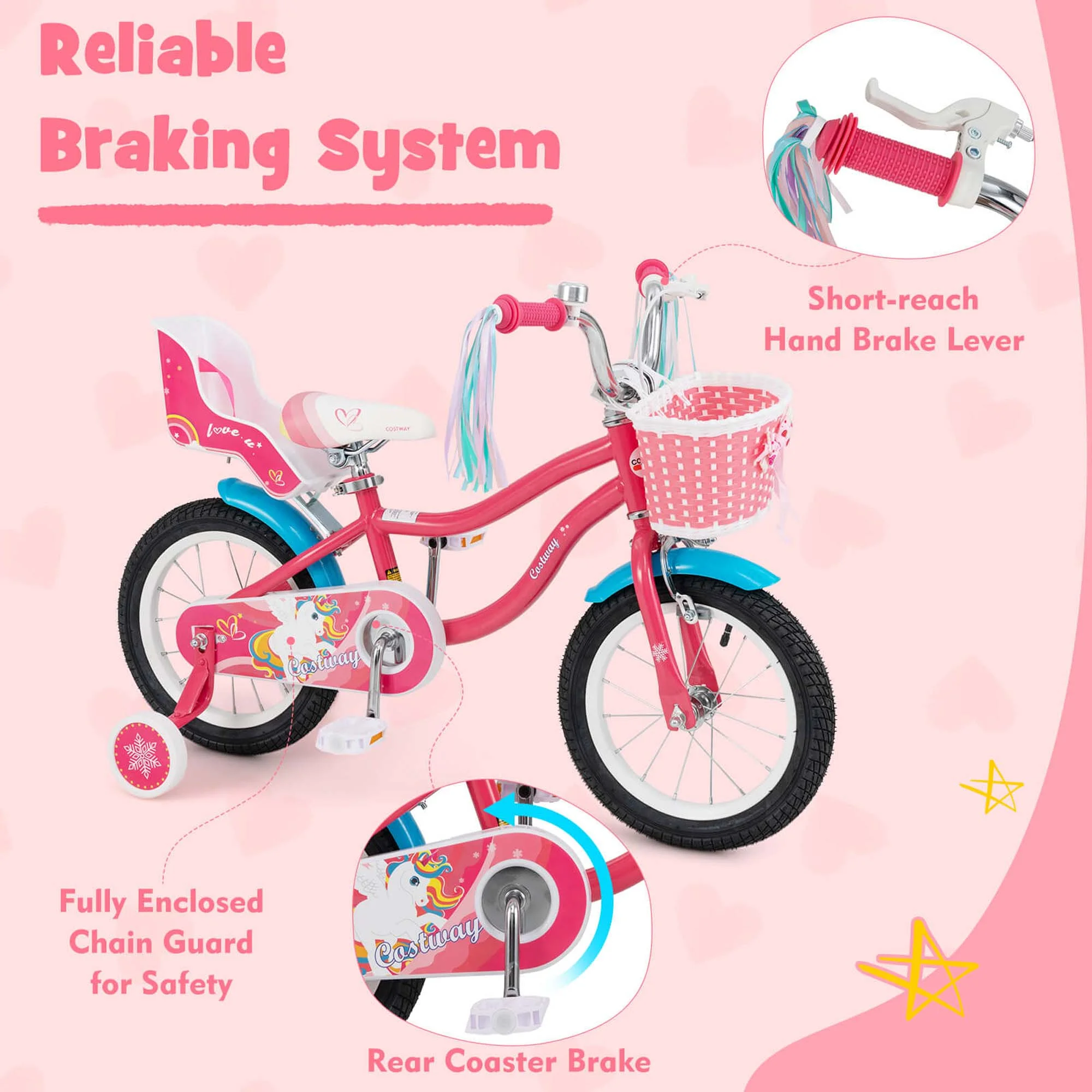 14 Inch Kids Bike with Basket Doll Seat Colorful Streamers 2 Training Wheels Pink(Pink/14") - Image 8