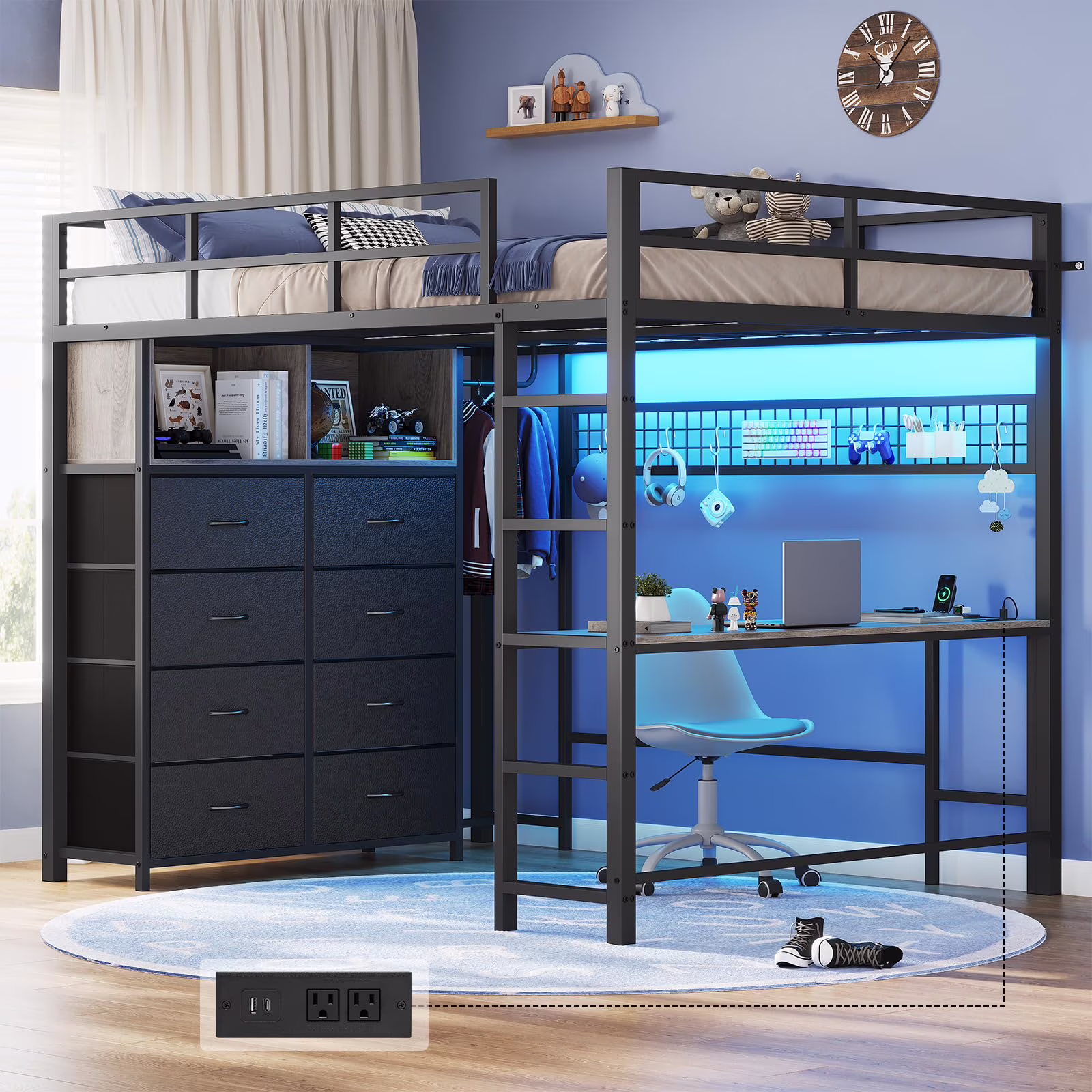 Twin Size Loft Bed with Desk and 8 Storage Drawers and Charging Station, Metal Loft Bed Twin with LED Lights, Storage Shelves, Black(Brown) - Image 3