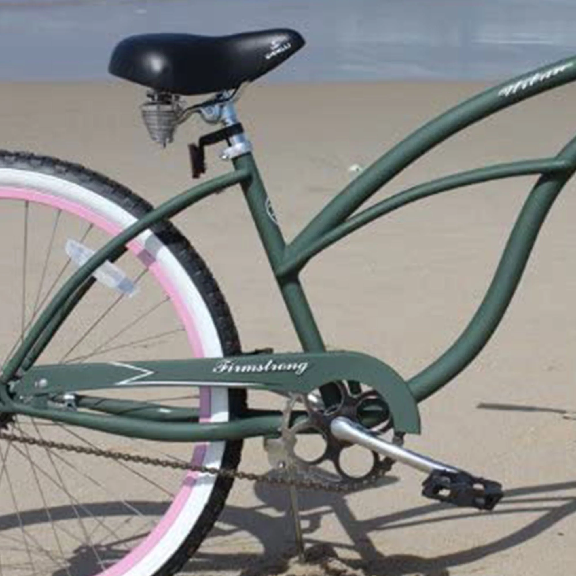 Urban Lady Single Speed 26" Beach Cruiser Womens Bicycle, Army Green w/ Pink Rims - Image 2