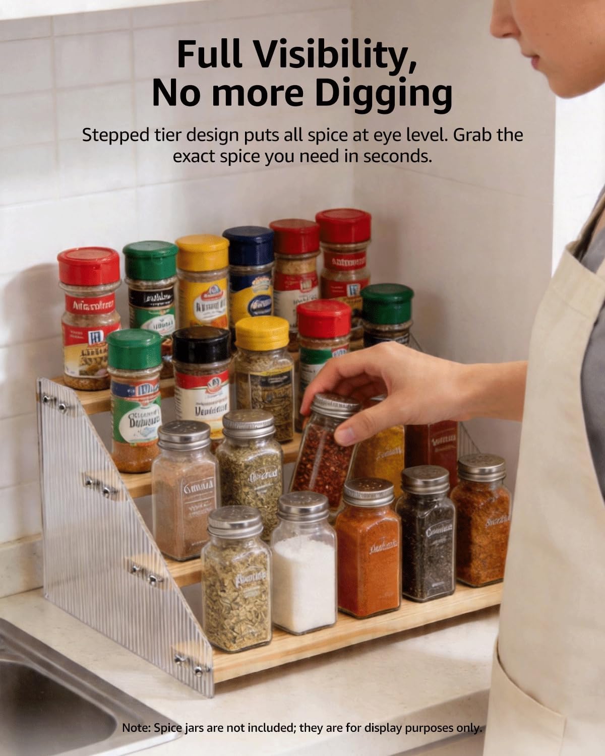 Tiered Spice Rack Organizer for Countertop & Cabinet, 4-Tier 12in Kitchen Seasoning Storage Shelf, Space Saving Standing Spice Organizer, Wooden & Acrylic, Solid Wood