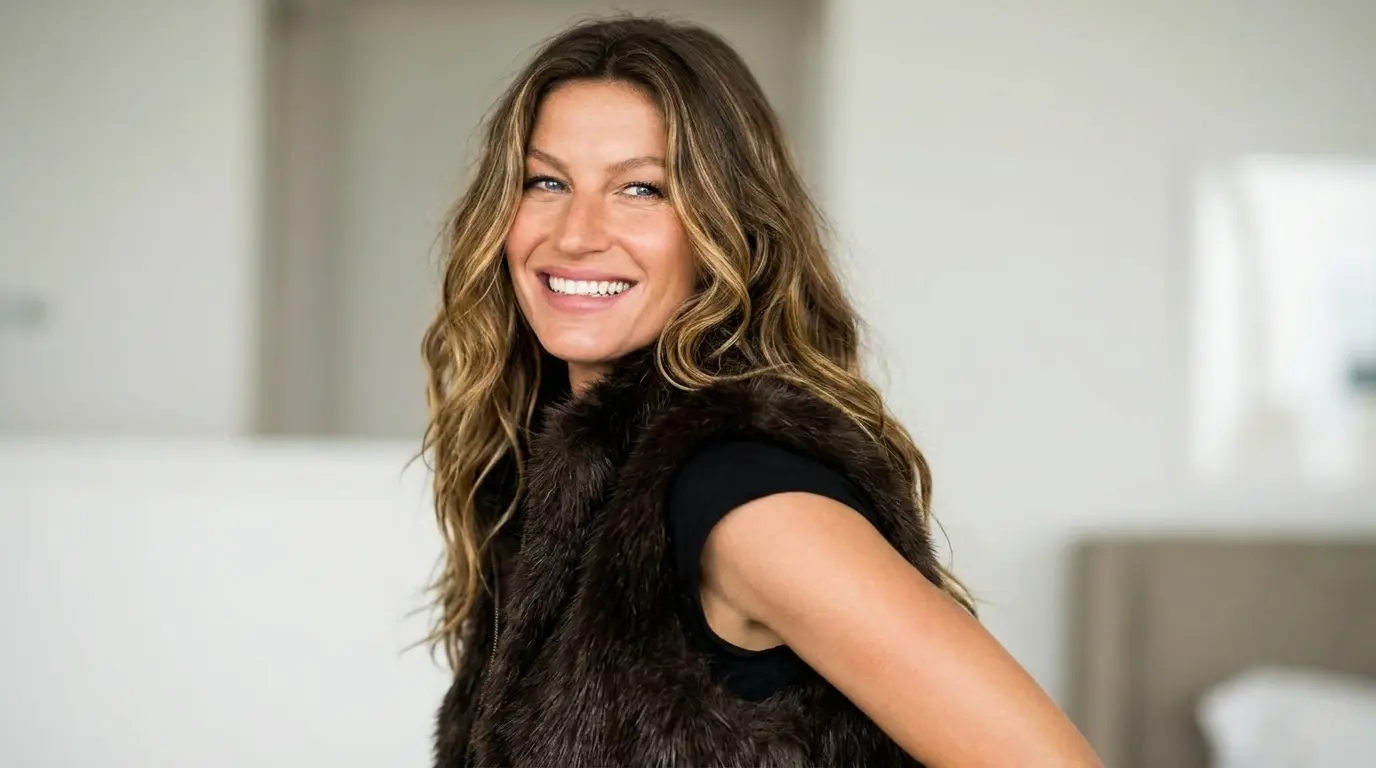 Woman wearing a dark brown faux fur vest over a black top indoors