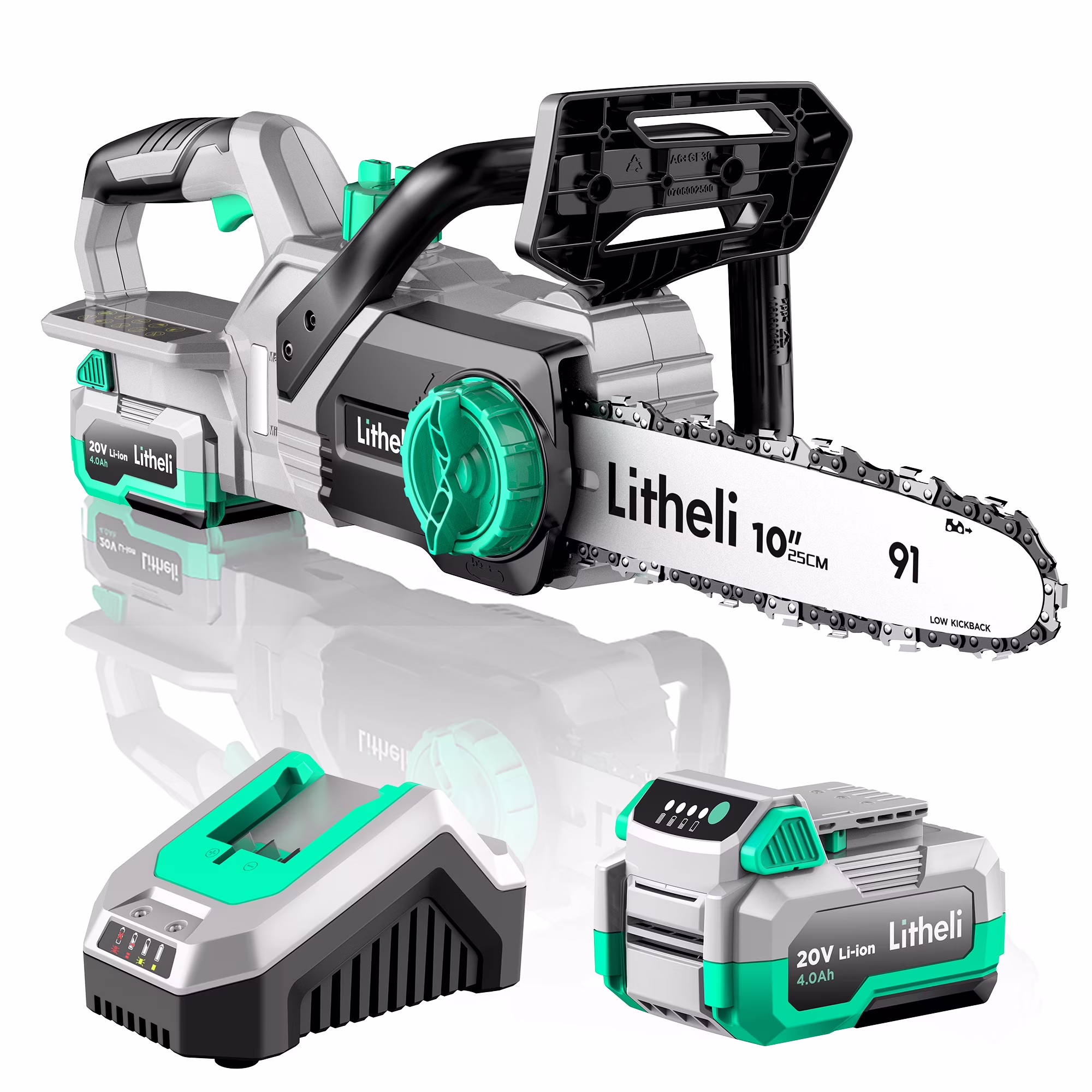 Litheli 20V 10 Cordless Handheld Chainsaw + 4.0Ah Battery Pack & Charger  for Tree Pruning, Branch Cutting, Yard, Garden
