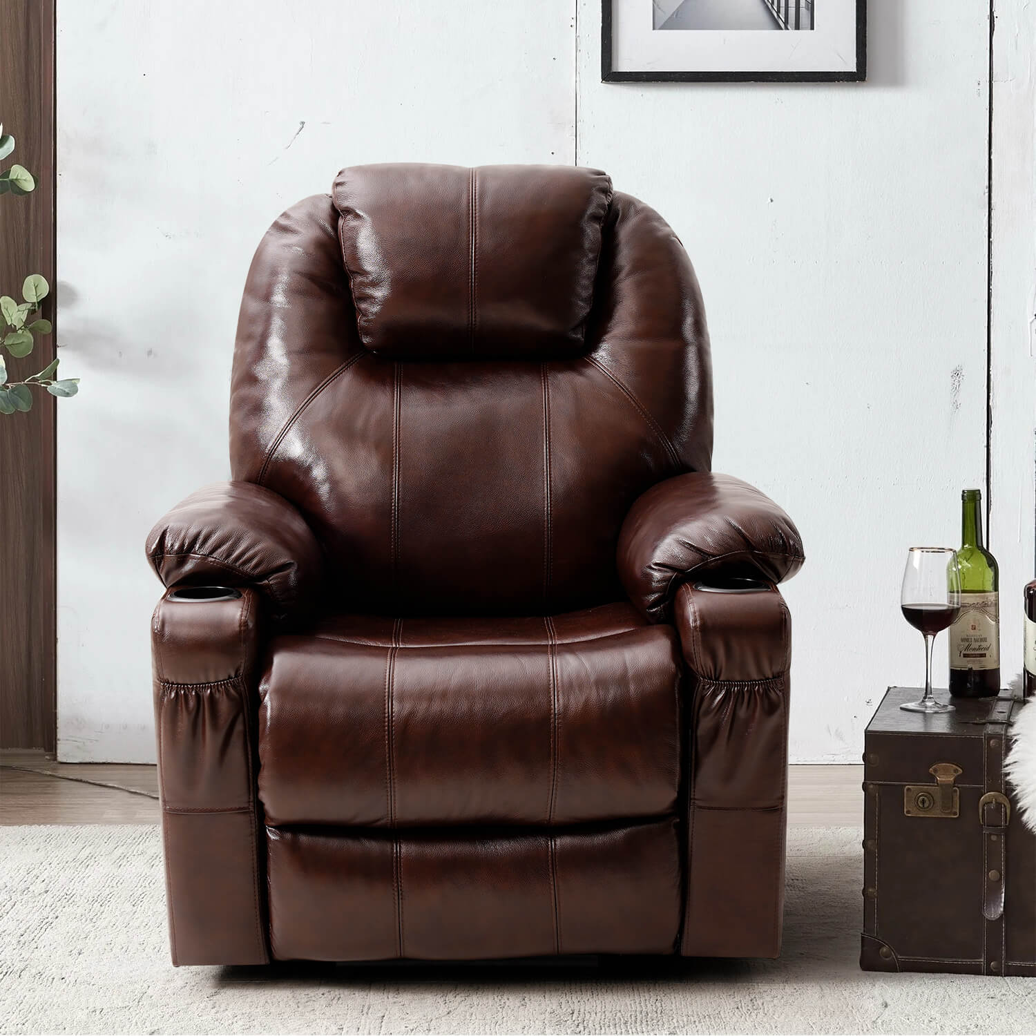 Fauteuil releveur électrique 3 positions avec repose-talon et massage, revêtement en cuir véritable