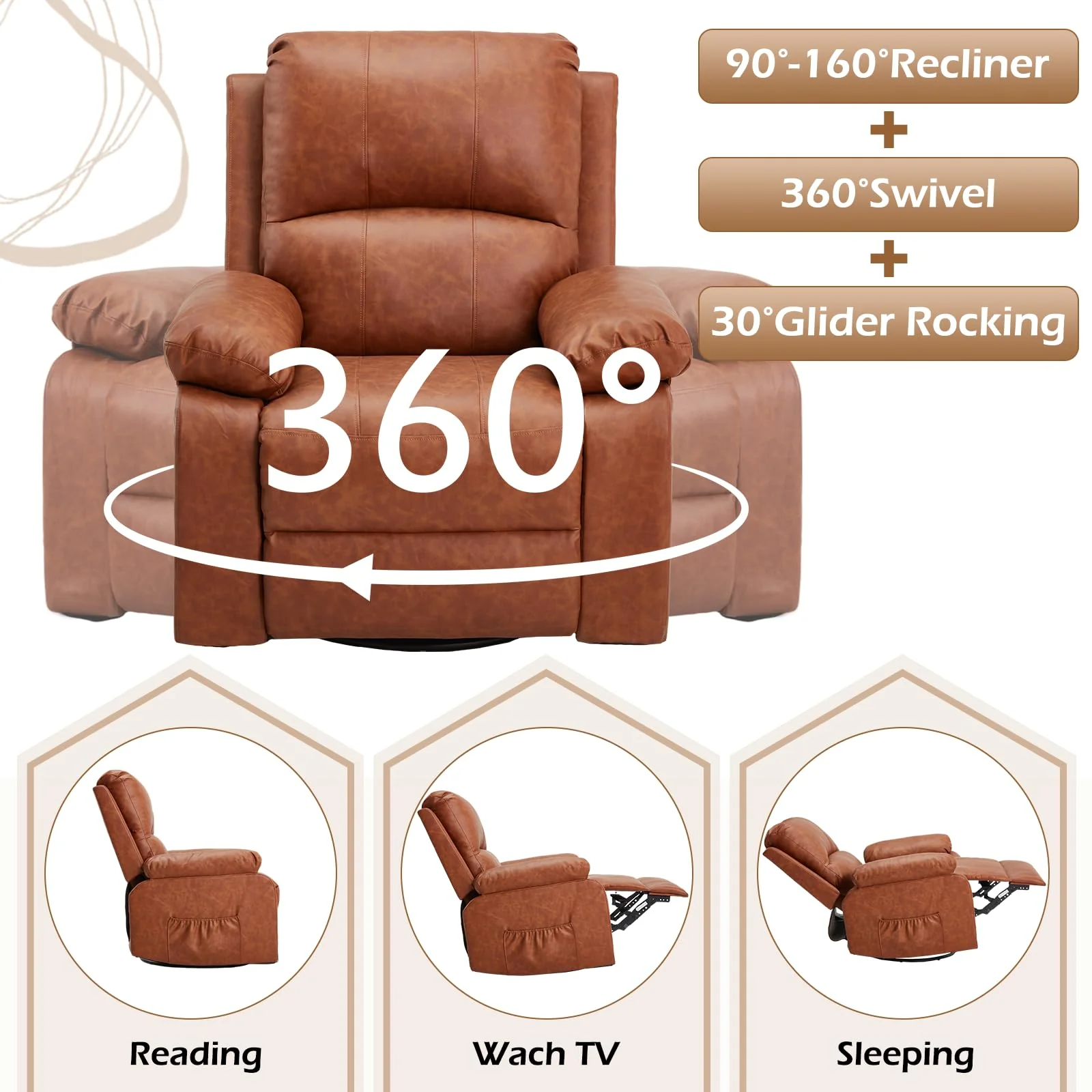 AECOJOY Recliner Chair, 360° Swivel Rocking Chair with Massage and Heat