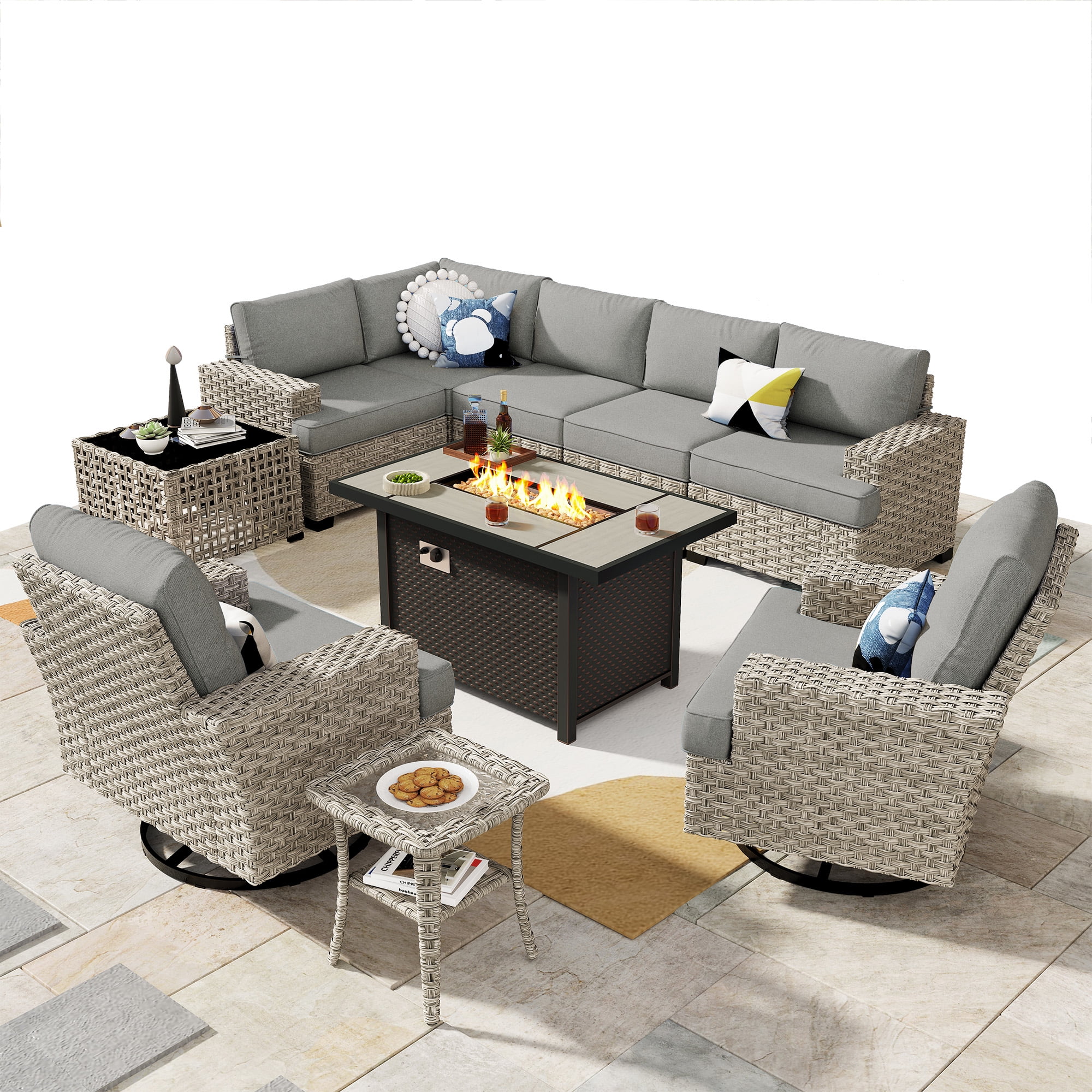 10 Pieces Outdoor Patio Furniture Modern High-Back All-Weather Wicker Sectional Conversation Set with Propane Fire Pit Table Swivel Chair, Dark Gray(Dark Gray) - Image 2