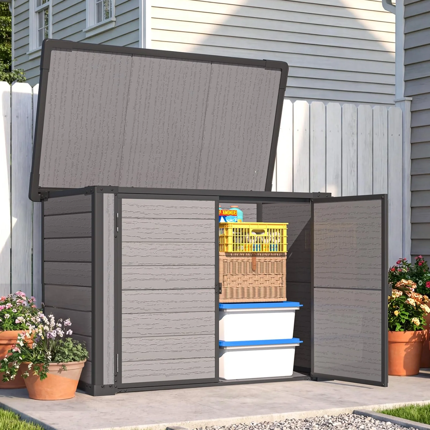 AECOJOY Resin Outdoor Storage Cabinet 23 Cu.Ft Plastic Trash Can Storage Shed with Base