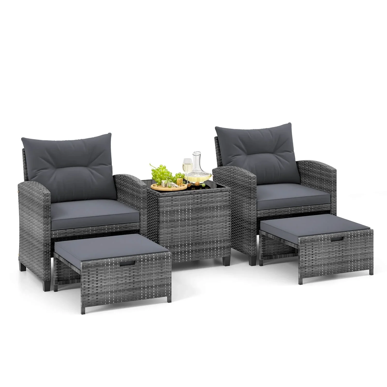 Costway 5 Piece Patio Rattan Furniture with 2 Ottomans & Tempered Glass Coffee Table Grey