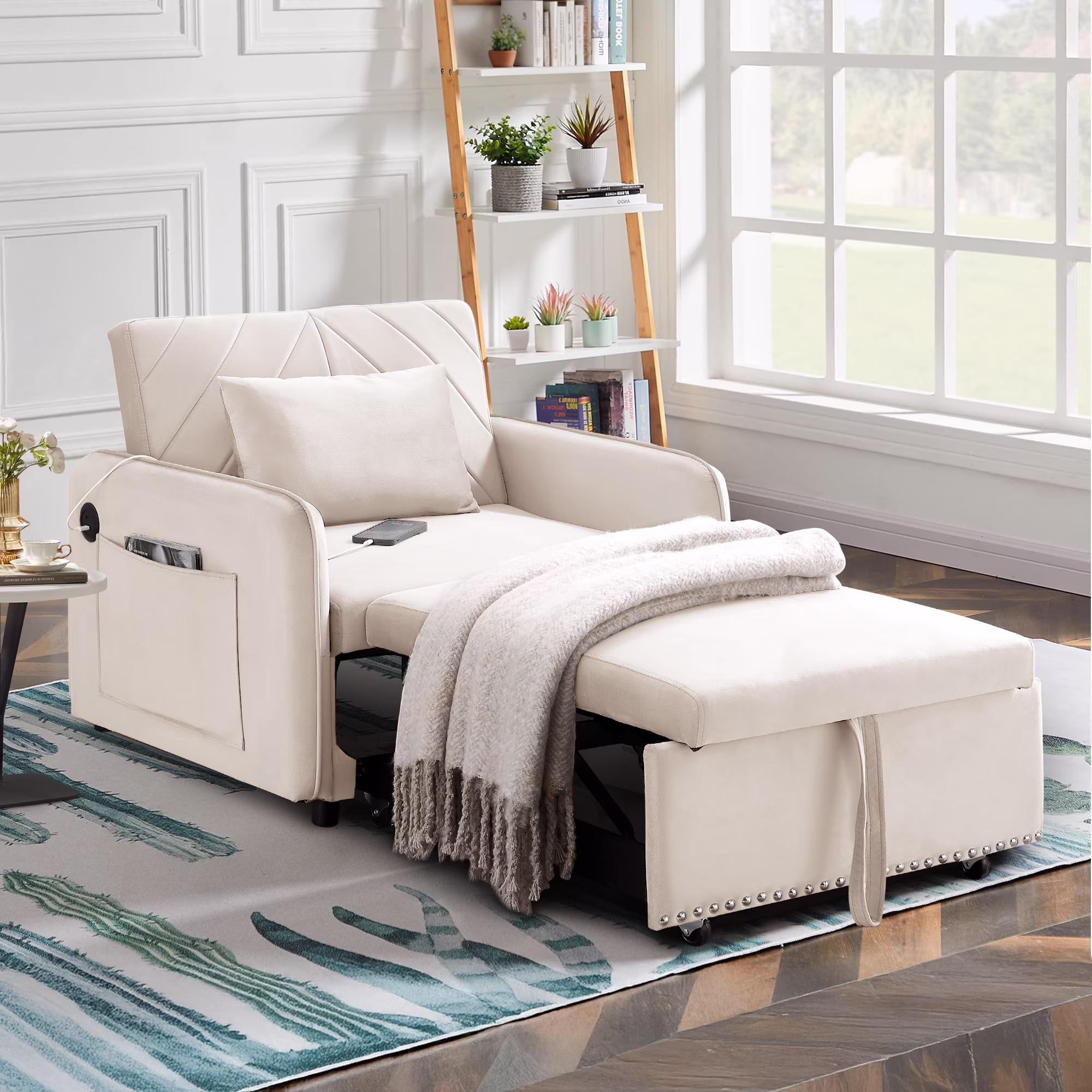 3-in-1 Convertible Sleeper Chair Bed, Indoor Lounge Chair with USB/Type-C Charging Ports, Modern Recliner Sofa for Living Room, Gray Velvet(Gray) - Image 9