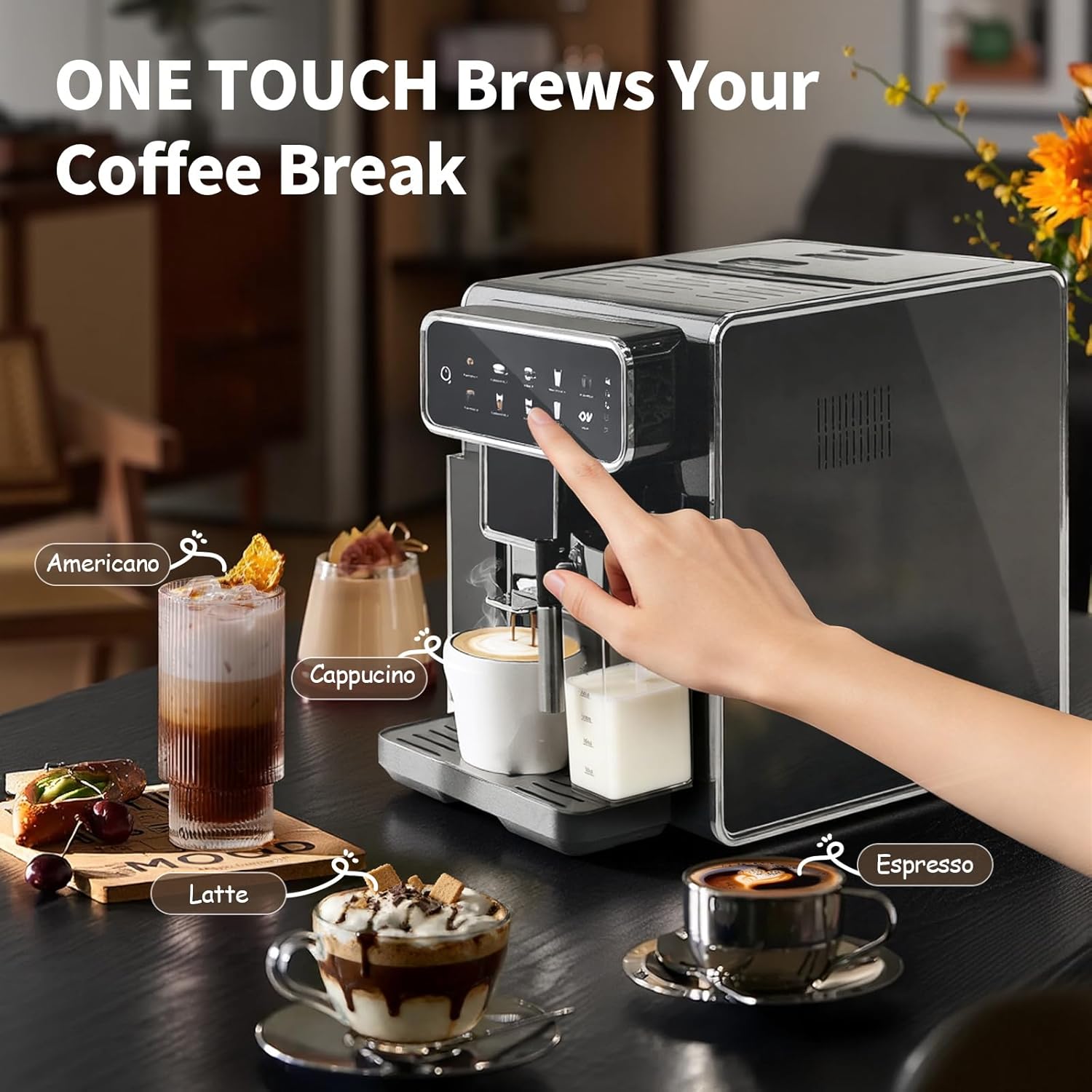 Automatic Espresso Machine with Grinder and Milk Frother - Auto Coffee Maker with 7 One-Touch Coffee Recipes for Latte, Cappuccino, Americano, Iced and Hot Coffee (Grey coffee machine)